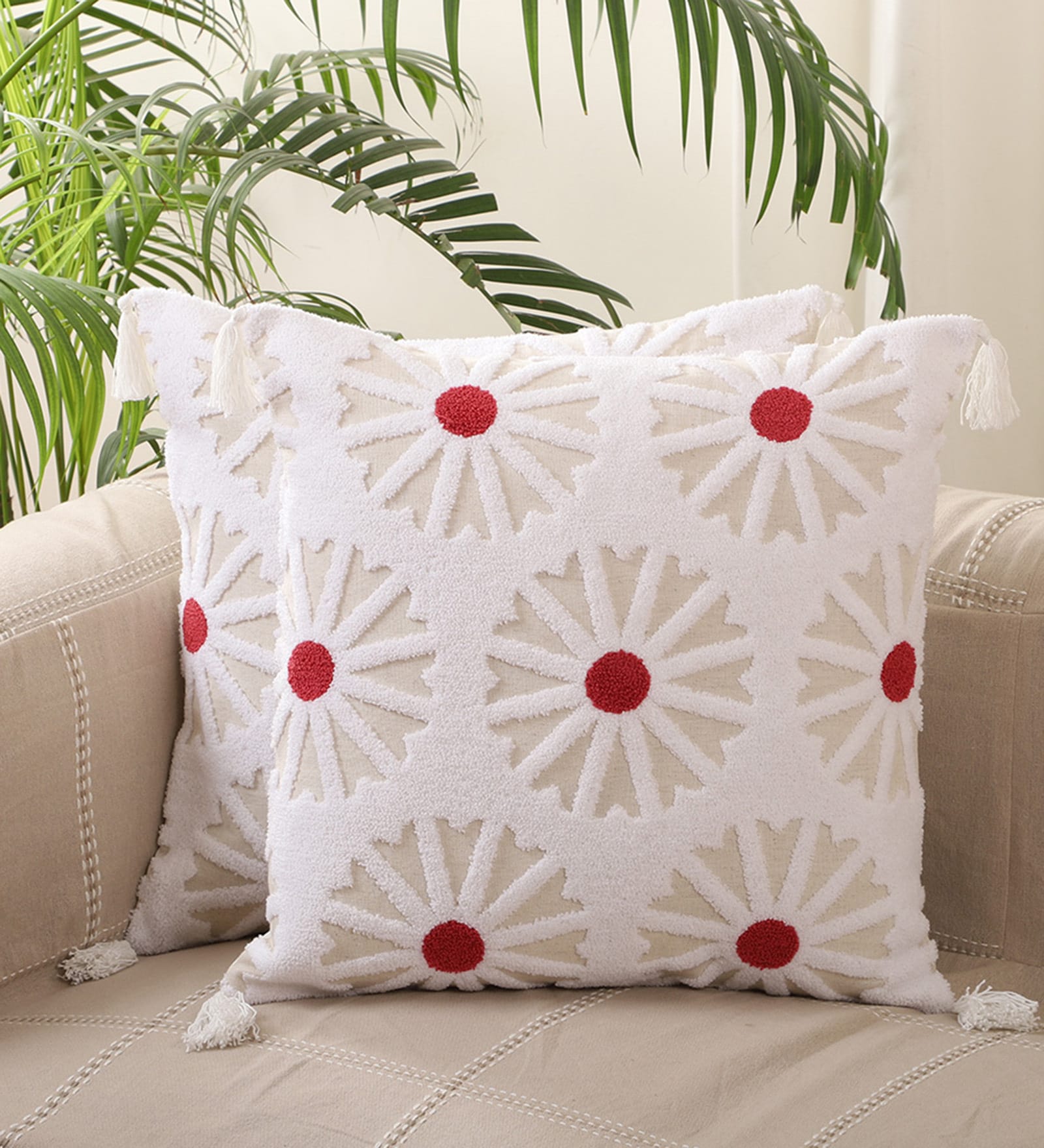 White Cotton Textured 18x18 inches Cushion Covers (Set of 2)