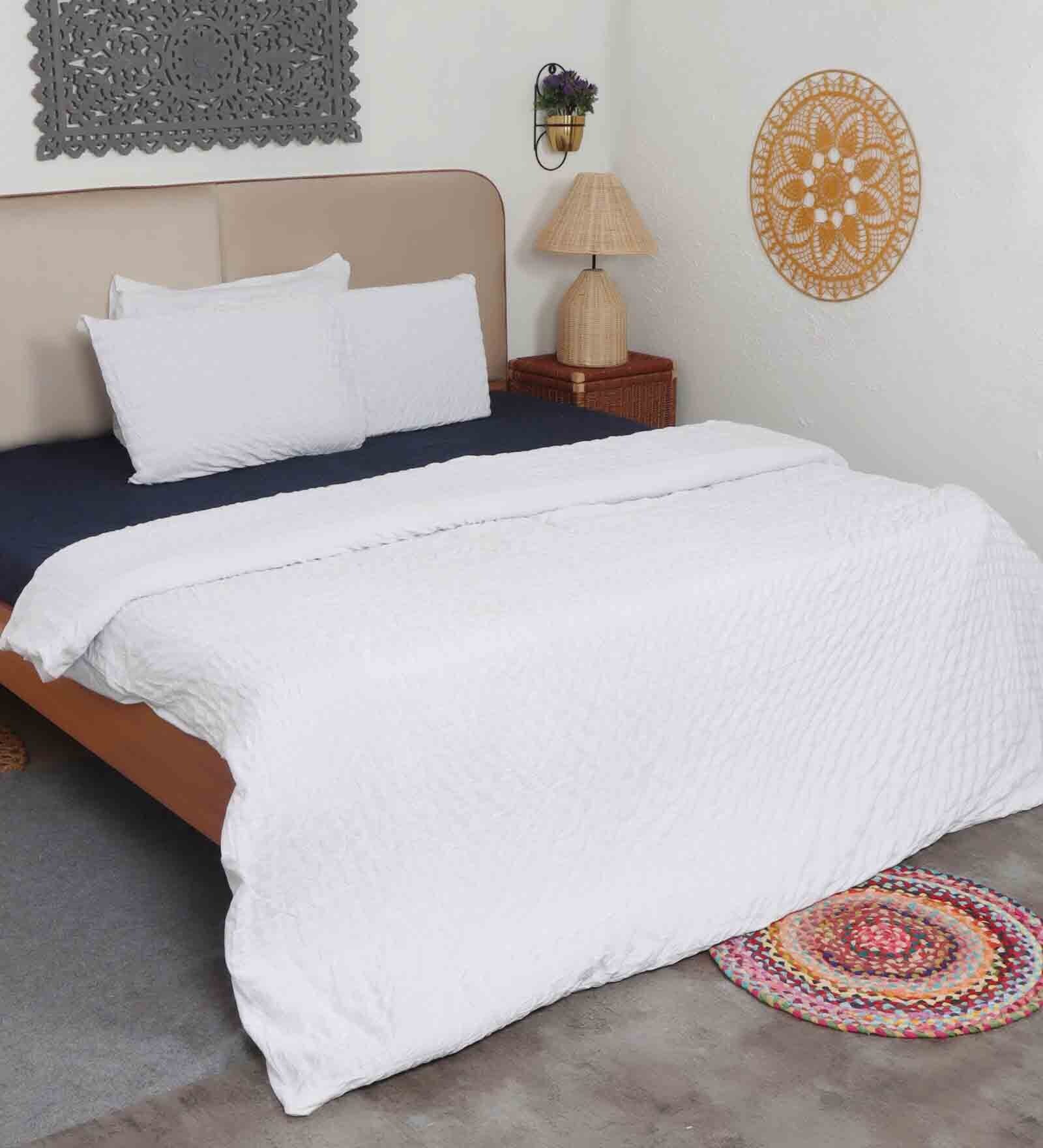 Buy White Cotton Solid 350 GSM Double Bed Cover with 2 Pillow Covers by