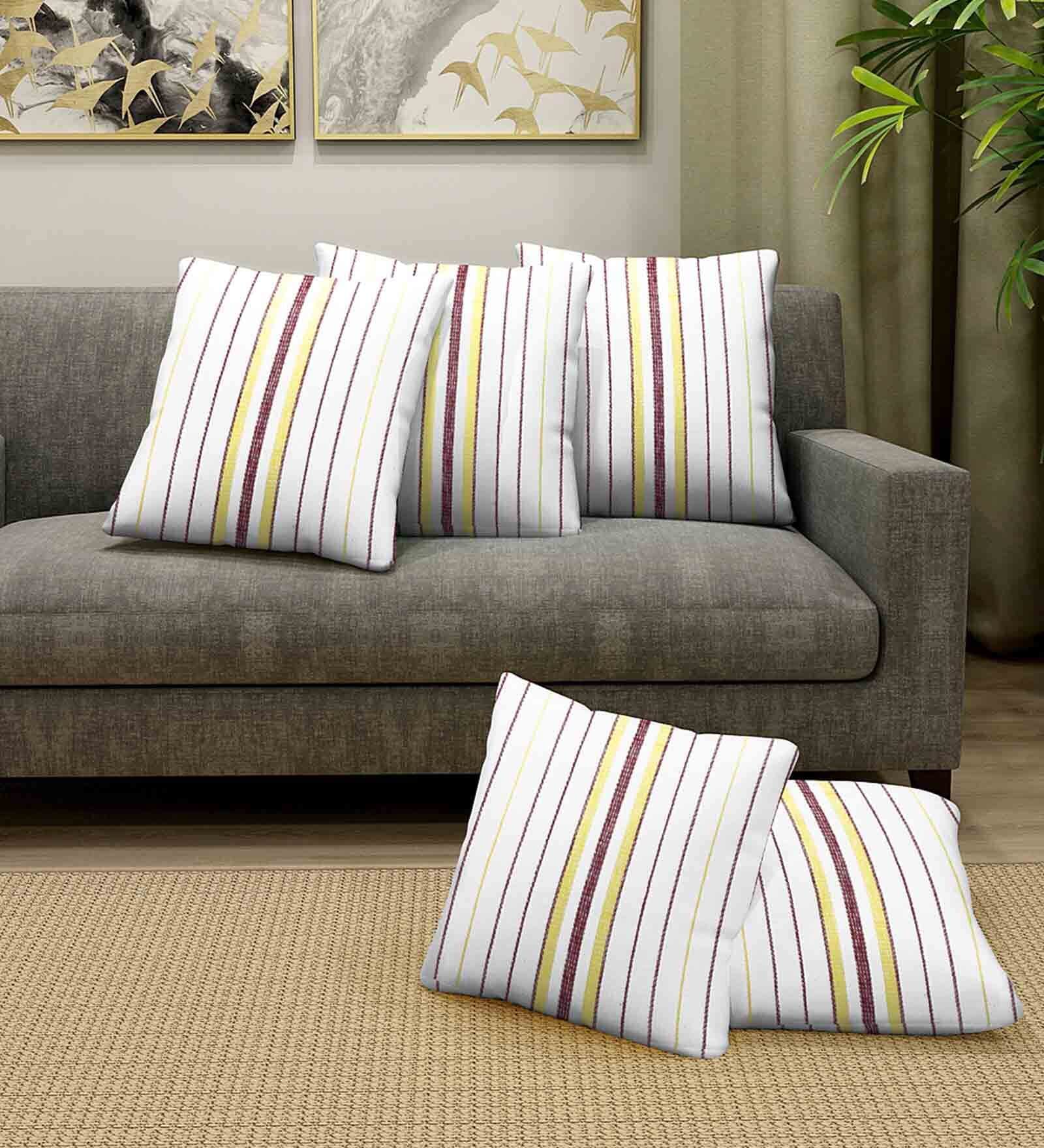 White Cotton Striped 14 x 14 inch Set of 5 Cushion Covers