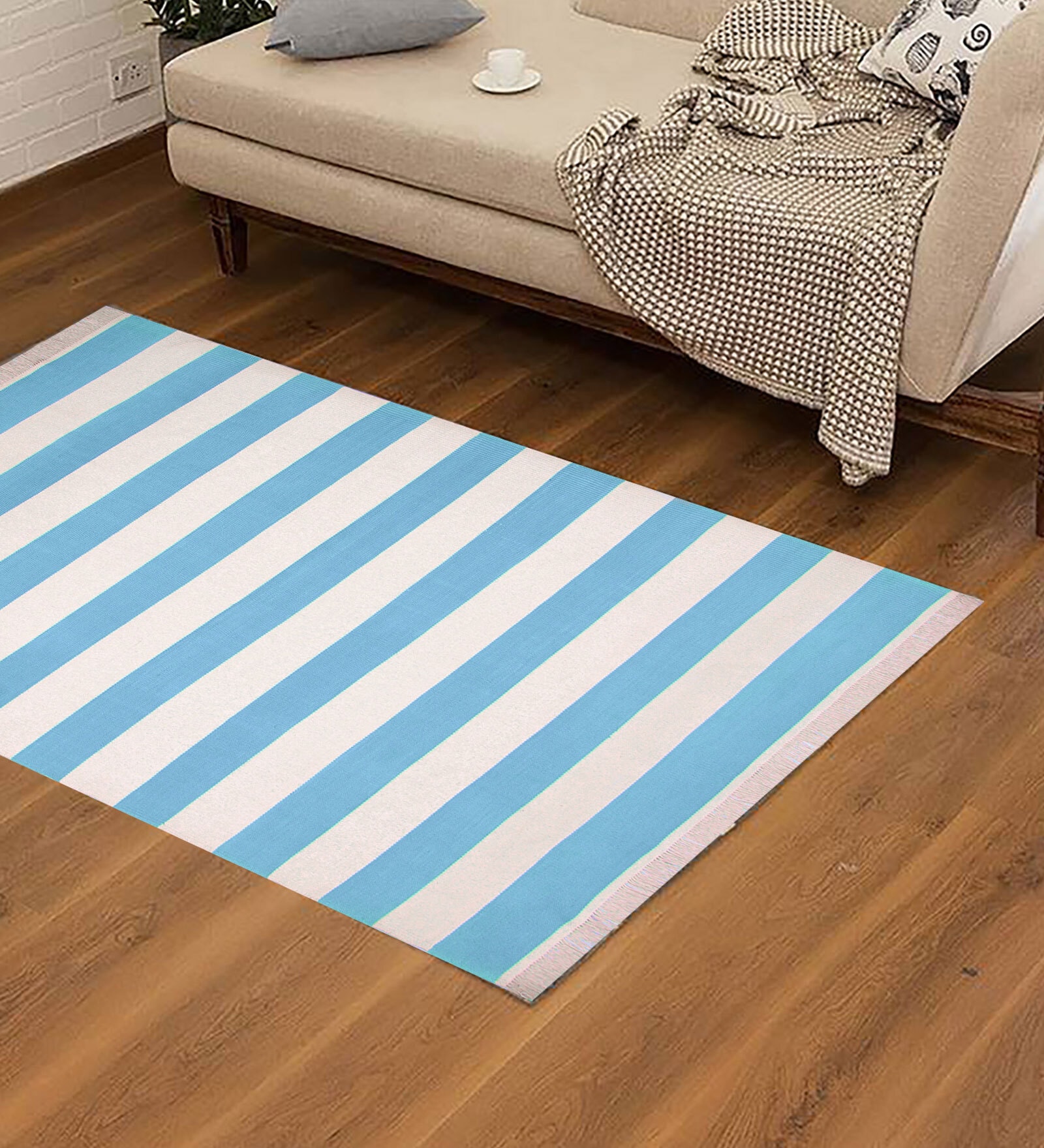 Blue Striped PVC 5 ft x 7 ft Hand Woven Carpet