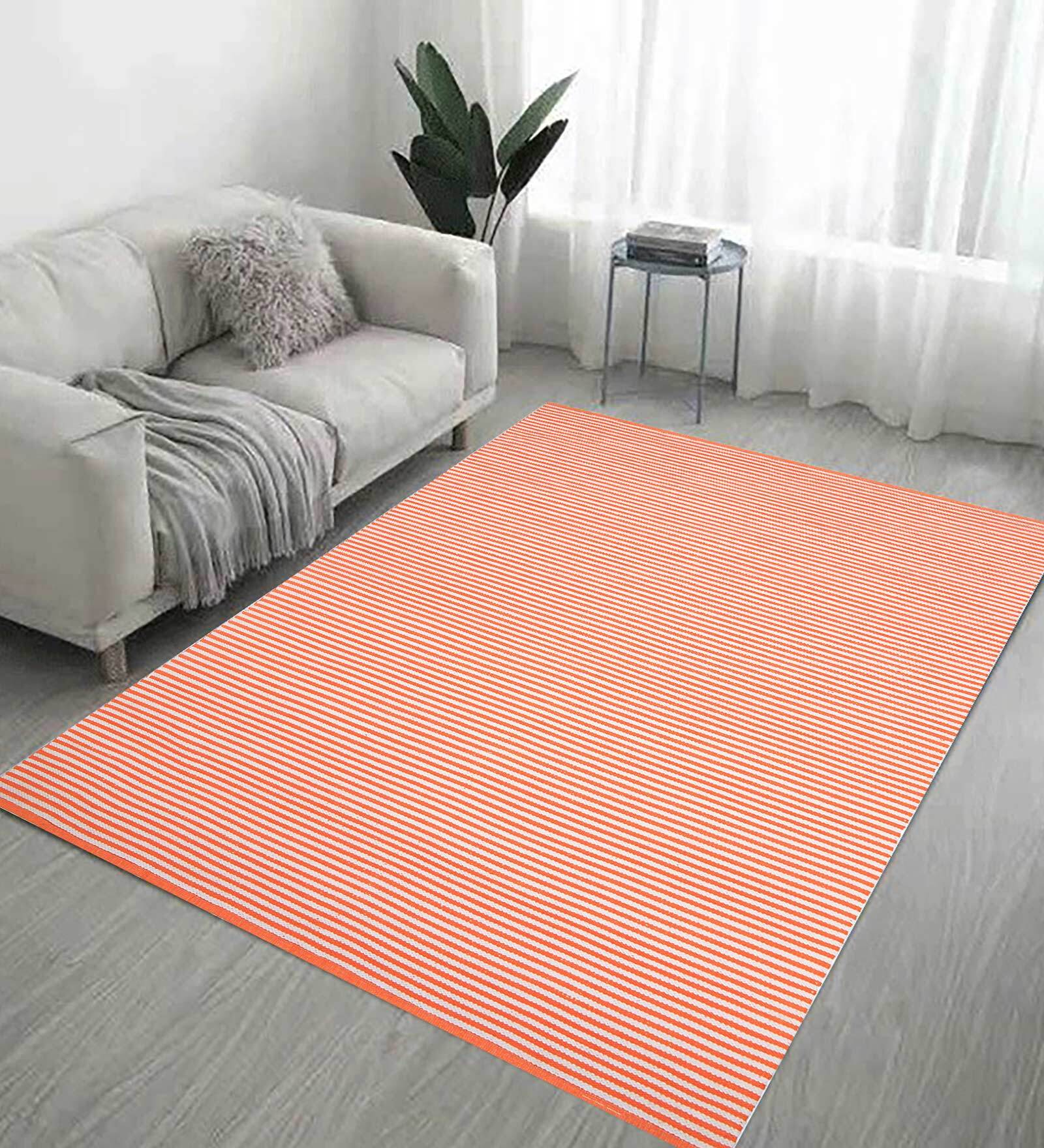 Orange Striped Cotton 5 ft x 7 ft Hand Woven Carpet
