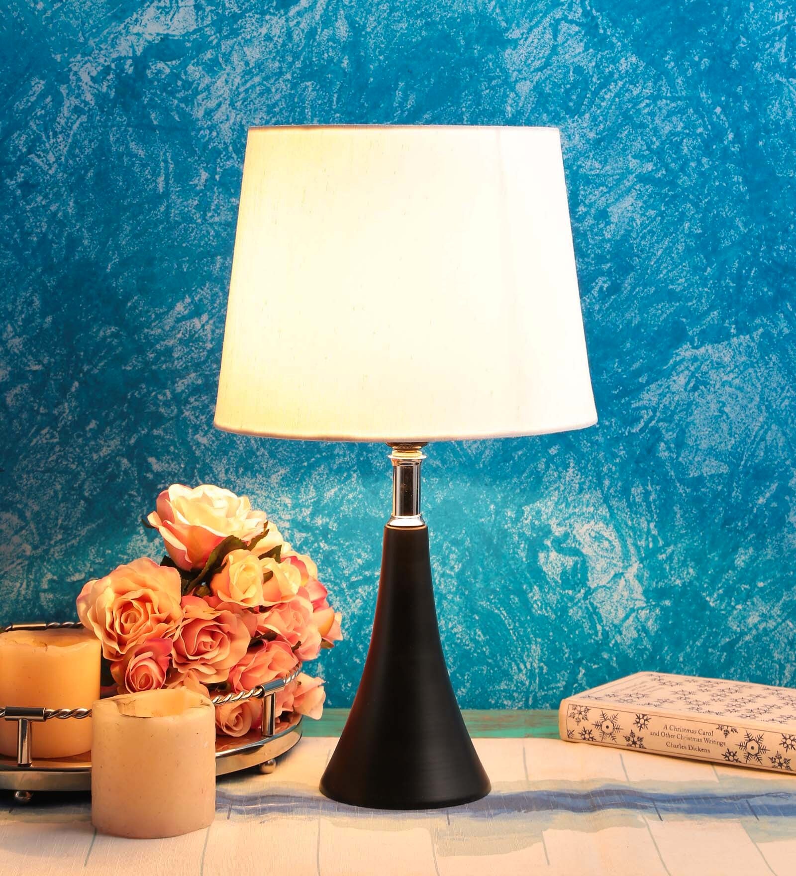 White Fabric Shade Table Lamp With Black Base