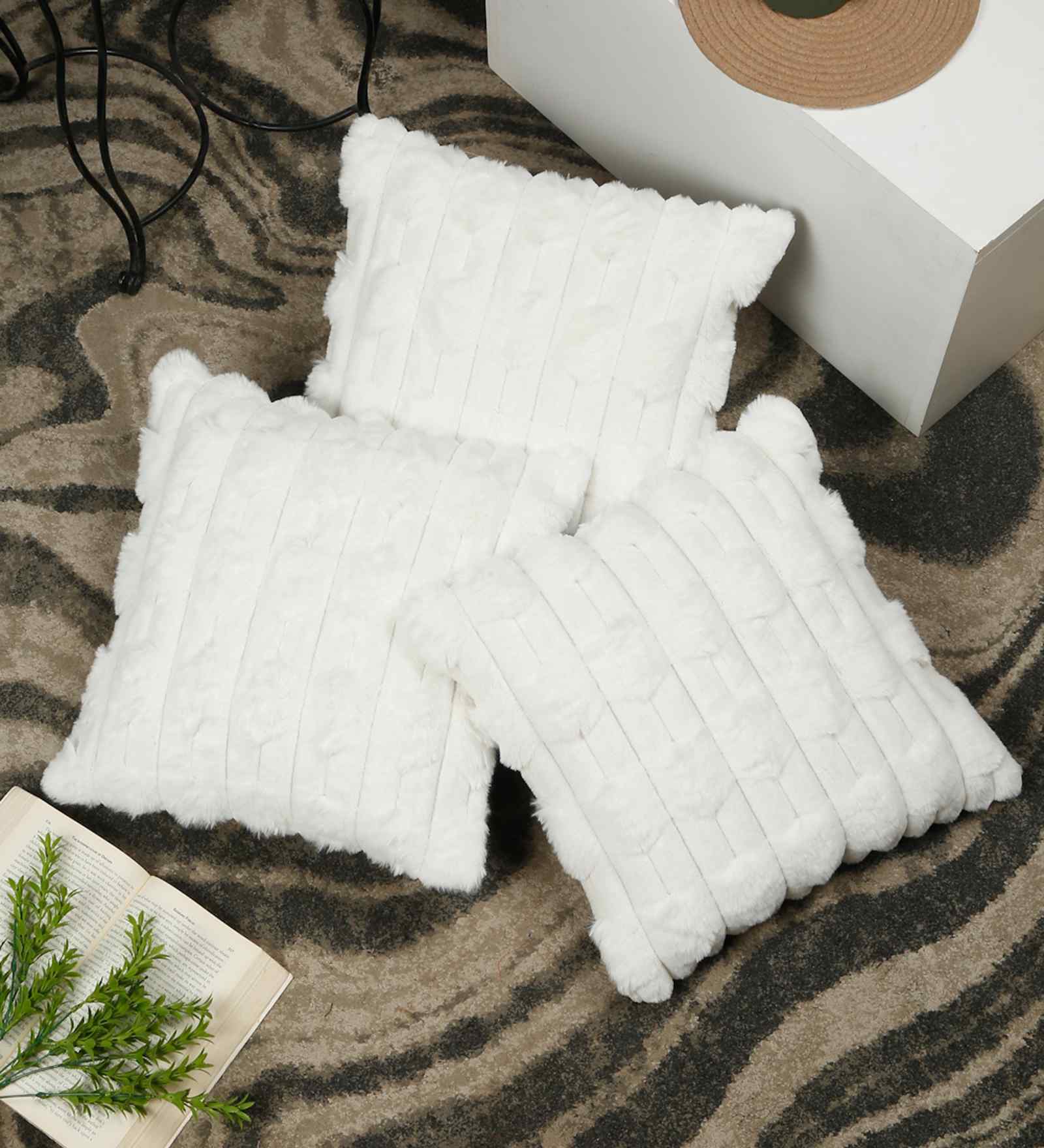 White Cotton Textured 16X16 Inches Cushion Covers (Pack of 3)