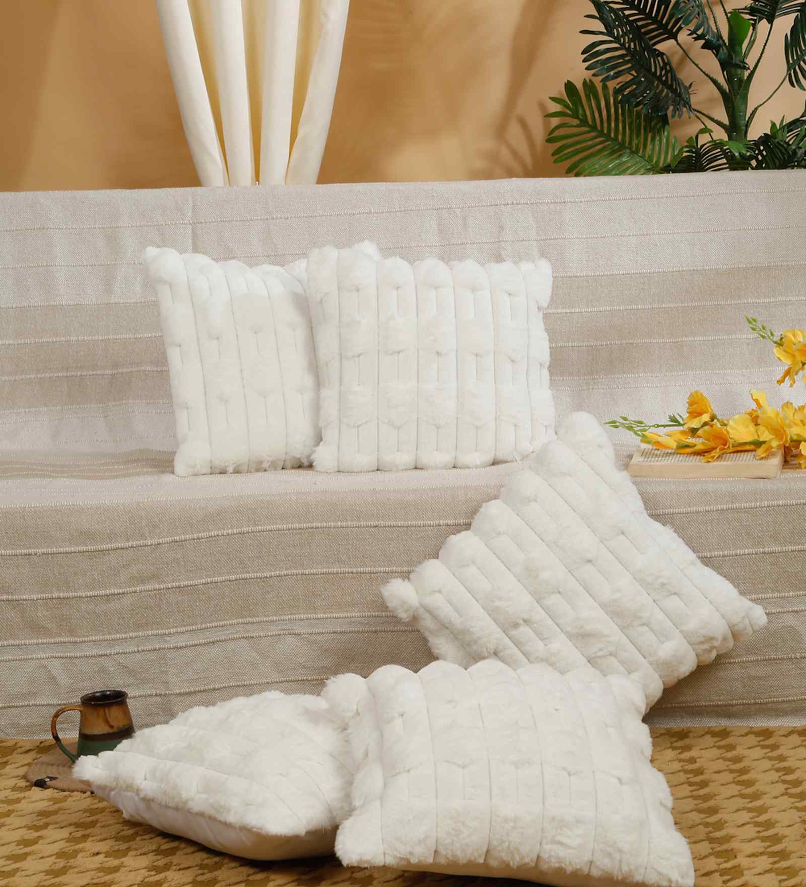White Cotton Textured 16X16 Inches Cushion Covers (Pack of 5)