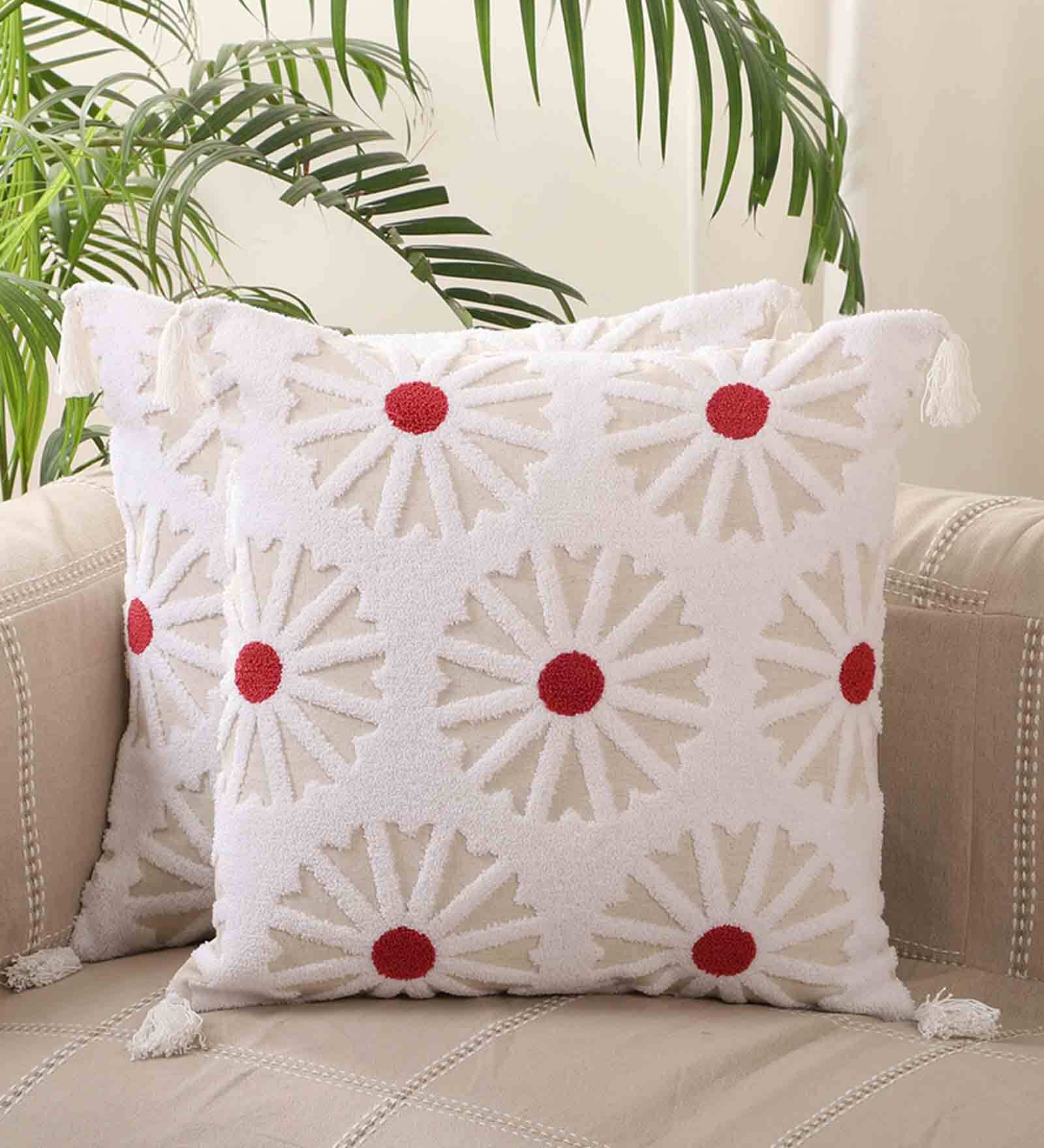 White Woven Cotton 18 x 18 Inches Cushion Covers (Set of 2)