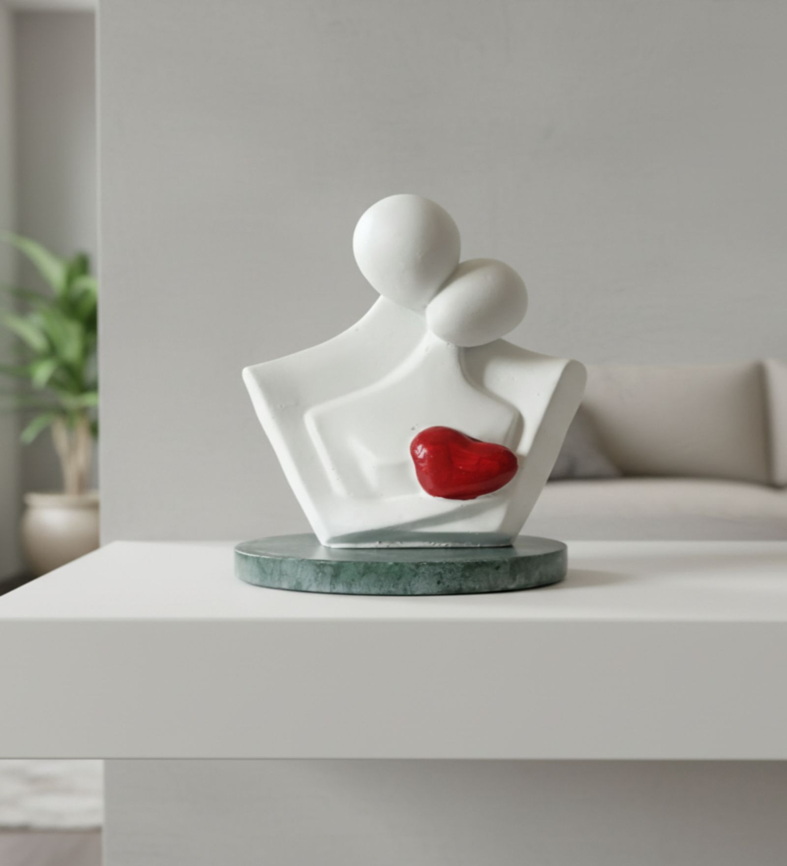 White Couple Showpiece Red Heart With Green Marble Base