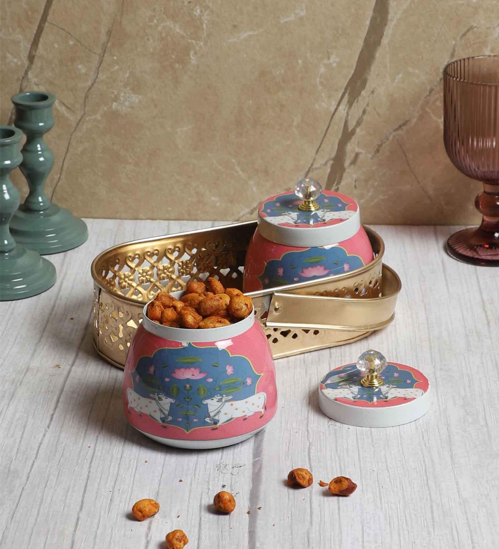 White Cow Print Jars WIth basket Set of 2