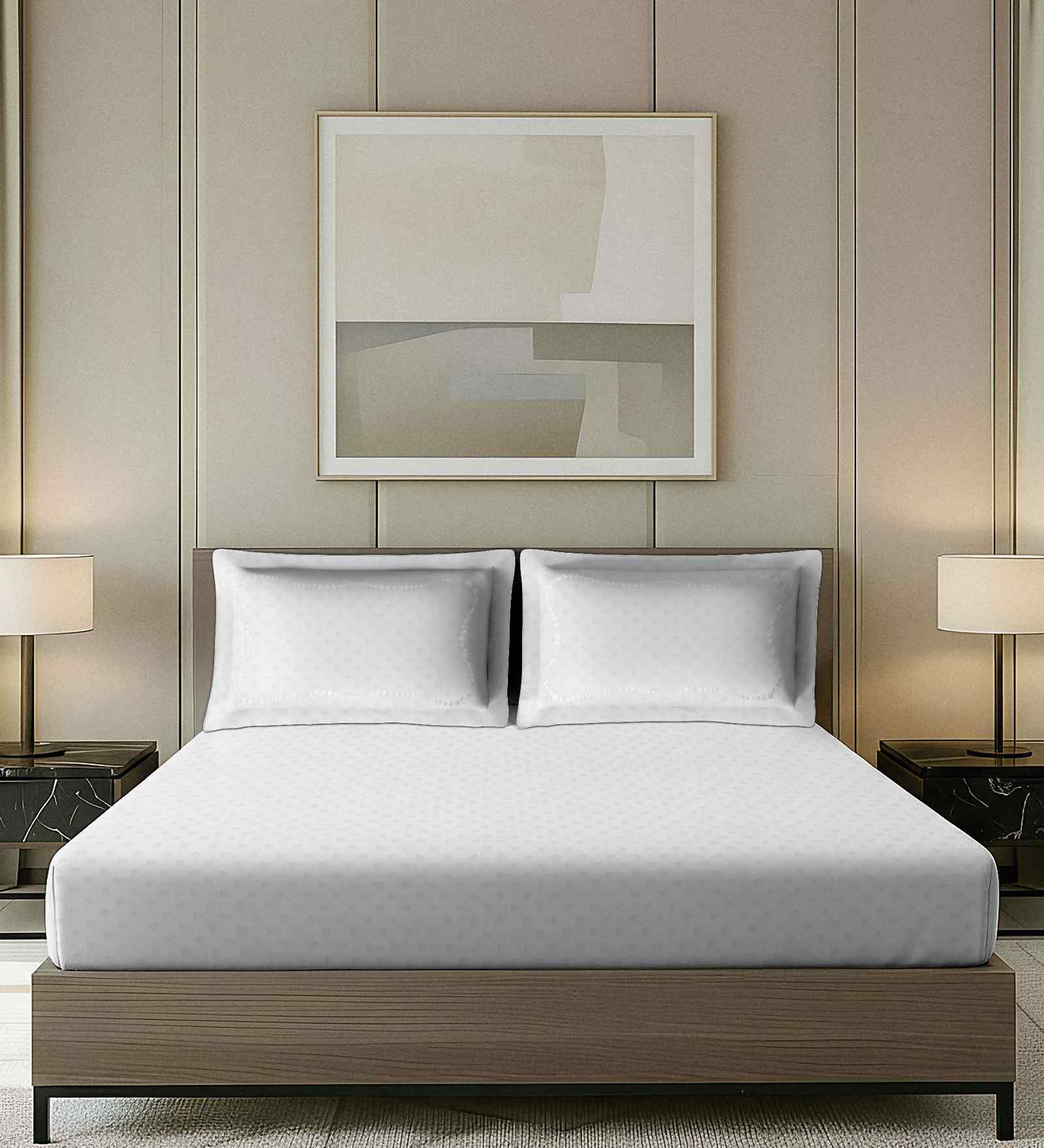 White Dotted Pattern With Dotted Embroidery 500 TC Cotton King Double Bedsheet With 2 Pillow Covers