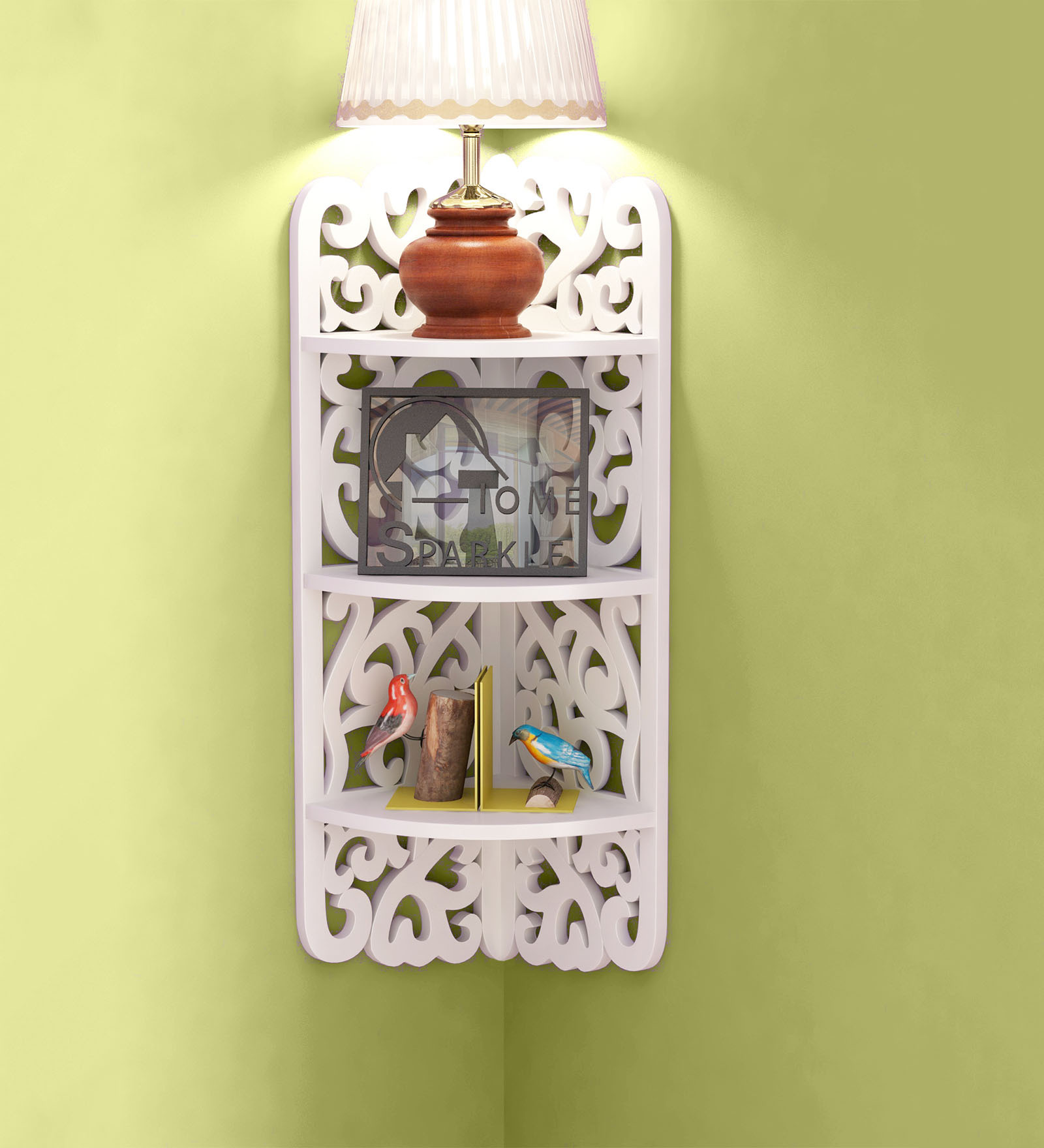 Engineered Wood Carved Corner Wall Shelf in White Colour