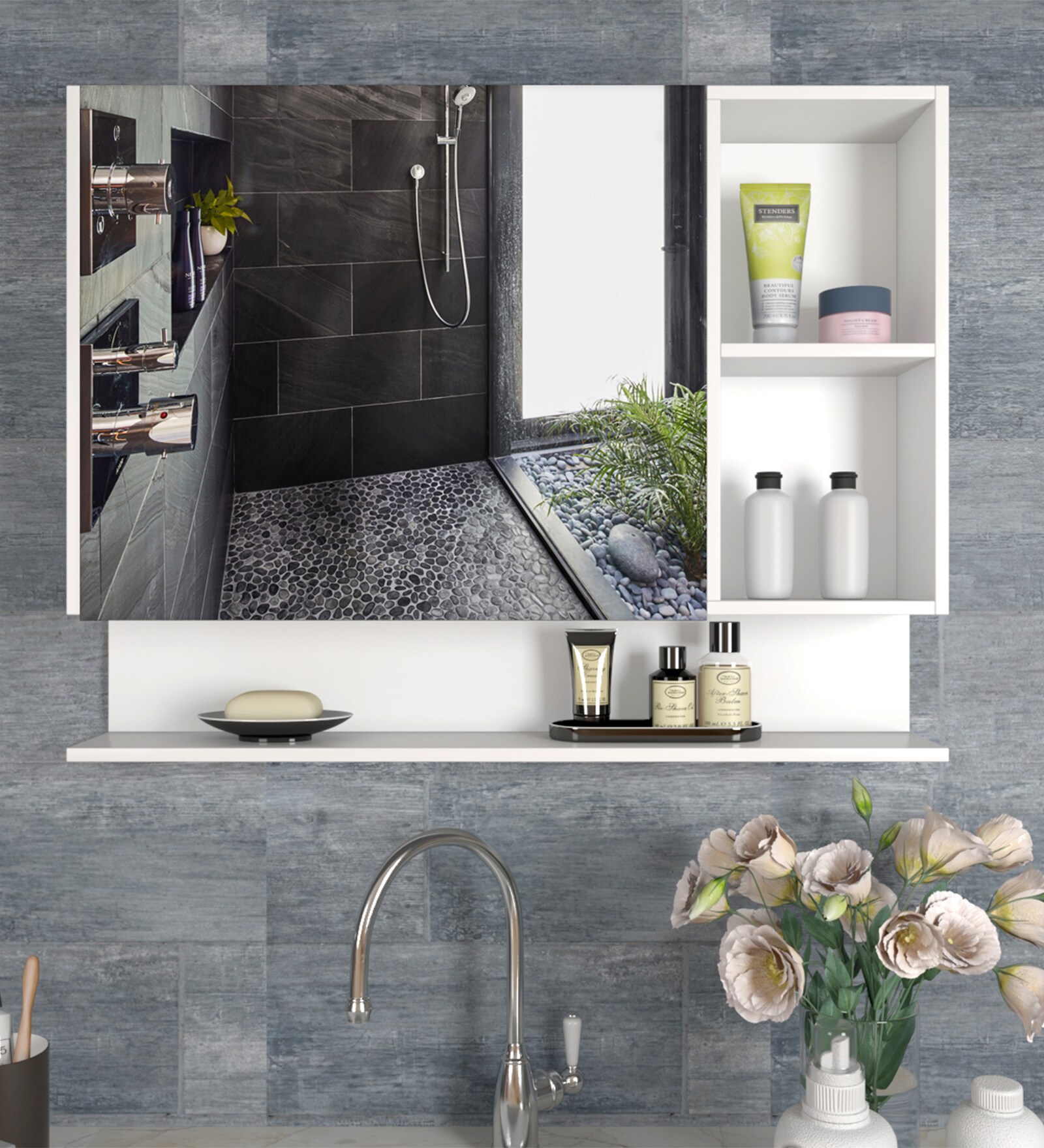 Buy White Engineered Wood Bathroom With Mirror by WallMantra at