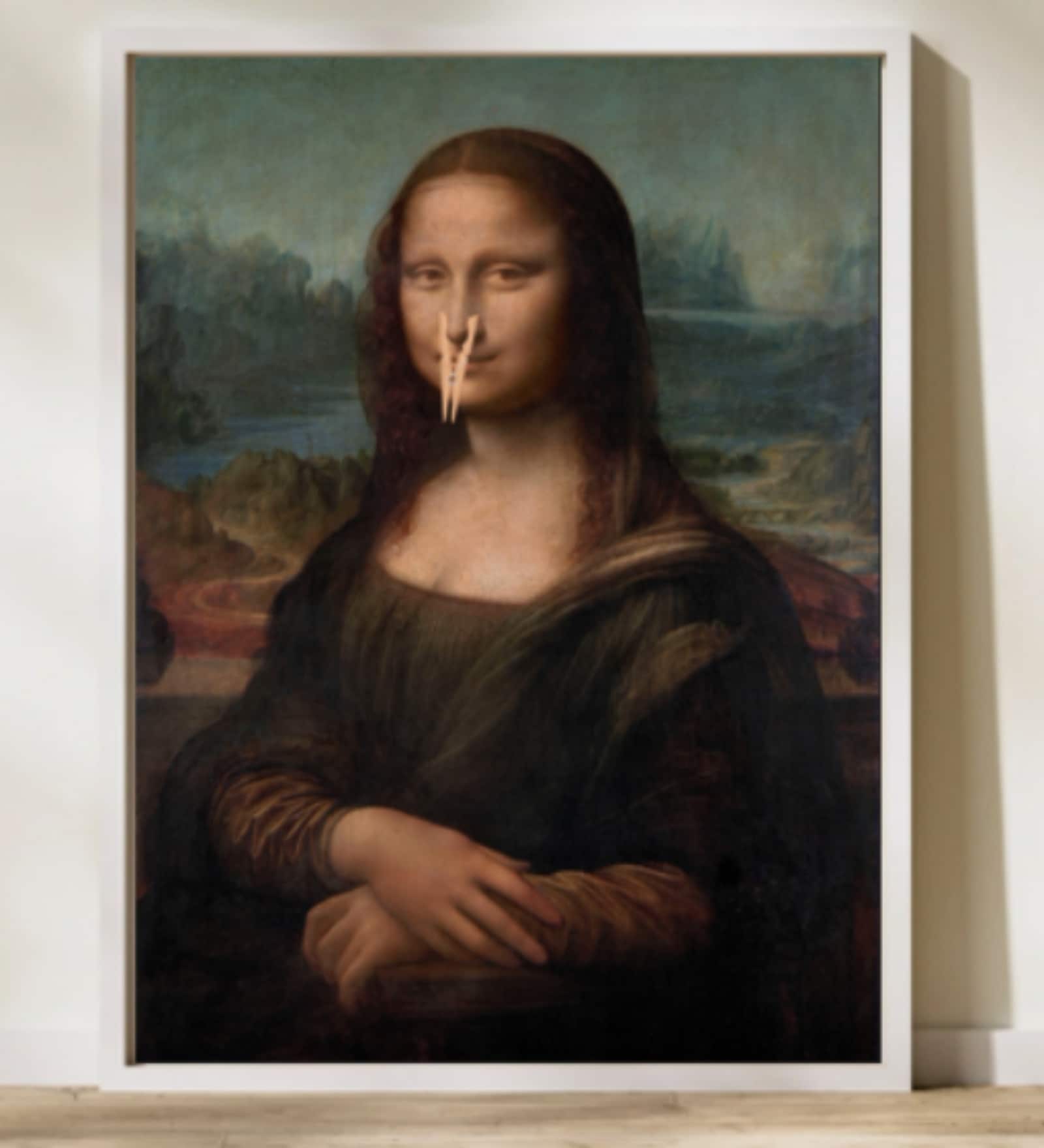 MONALISA FUNNY BATHROOM HD Poster With White Frame, 12.5 X 17.3 Inches