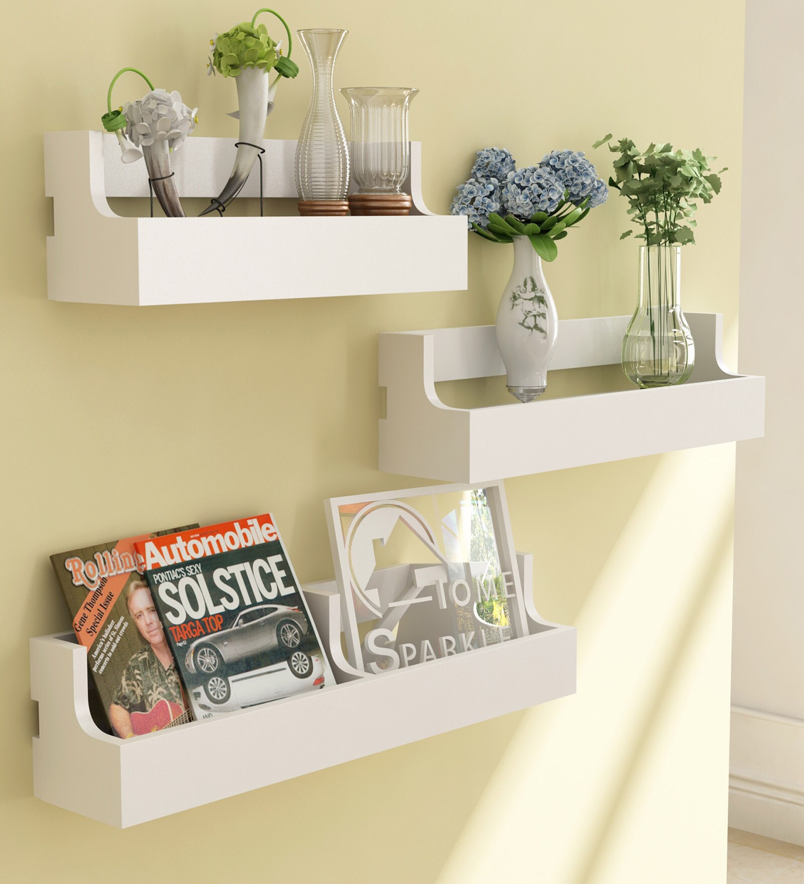Buy Engineered Wood Floating Wall Shelves in White Colour by Home