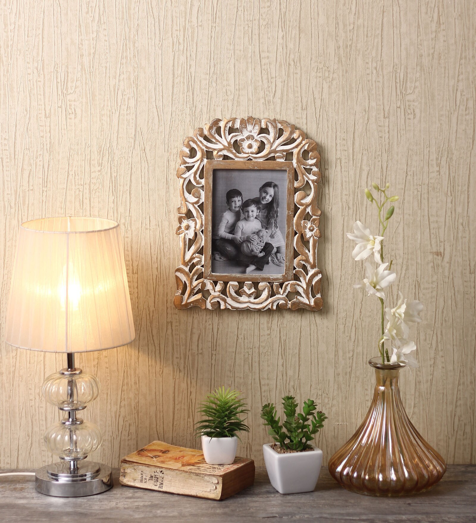 White Engineered Wood Wall Wooden Carved Rectangle Photo Frame