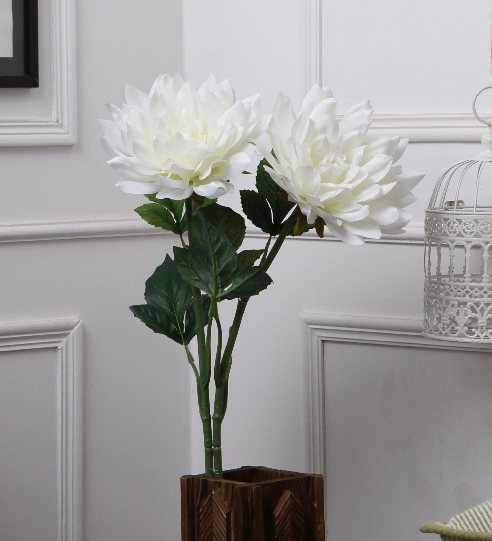 White Fabric & Plastic Artificial Decorative Dehalia Flower Stick, Set Of 2