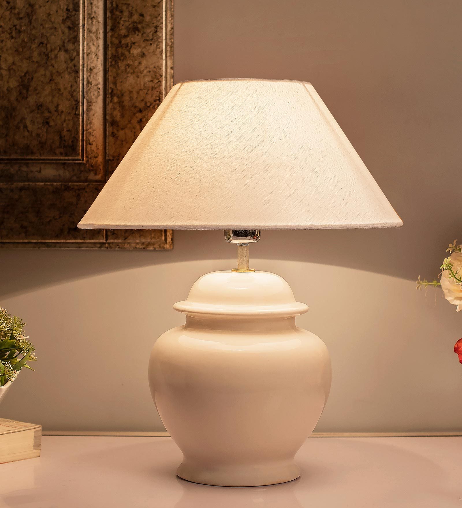 Ciaro White Fabric Shade Night Lamp With Ceramic Base