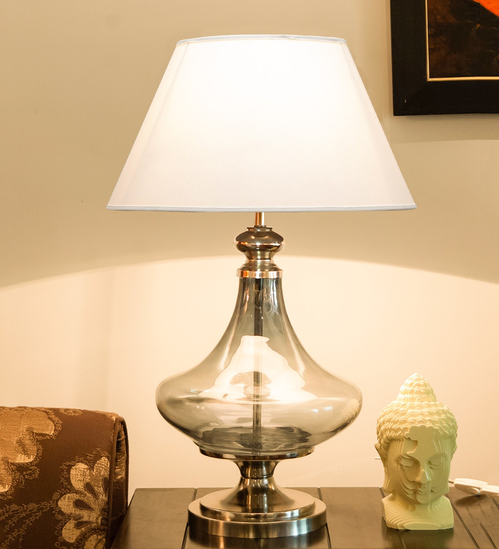 Shizen White Fabric Shade Night Lamp With Metal Base