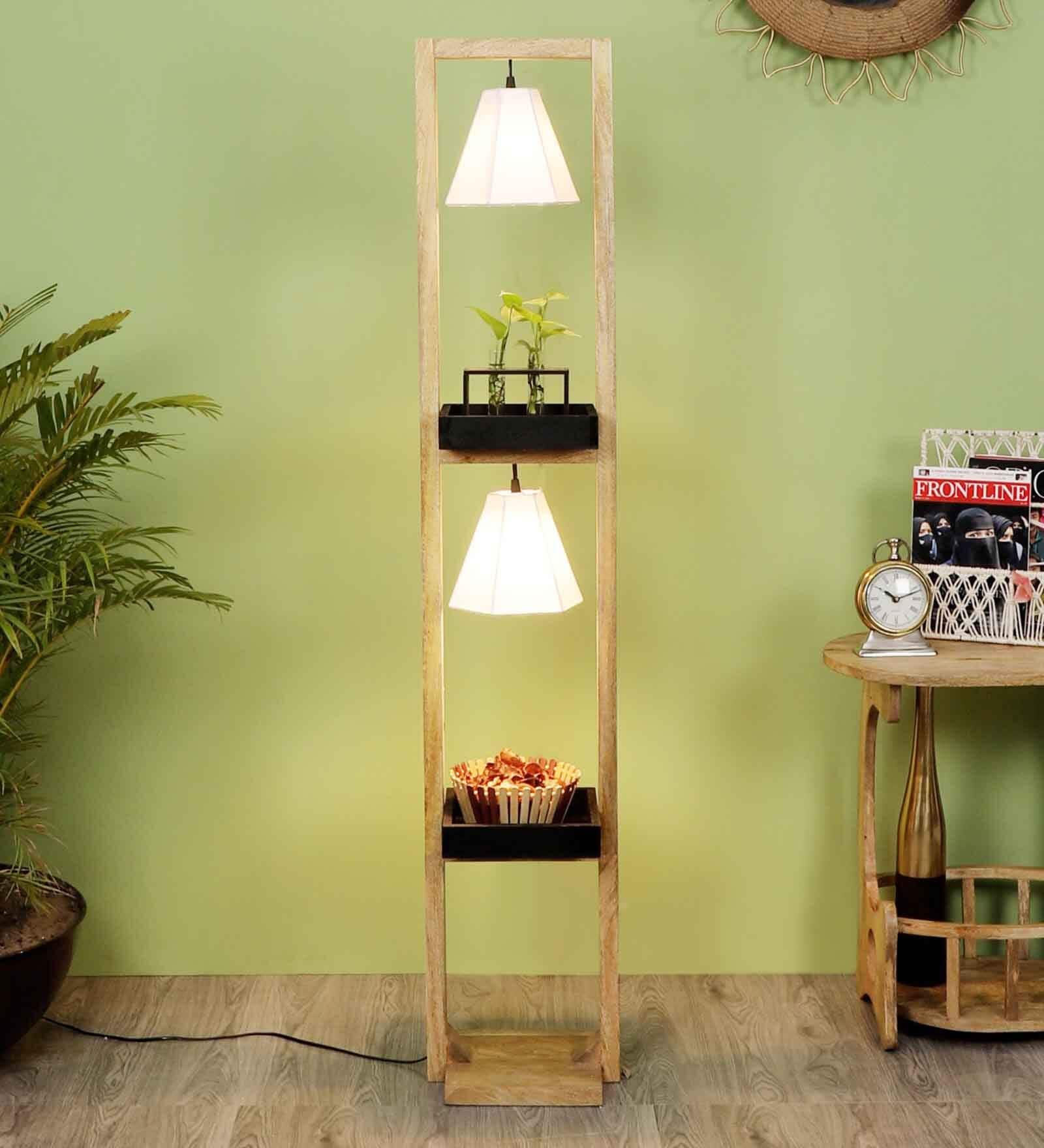 White Fabric Shade Floor Lamp With Brown & Black Base