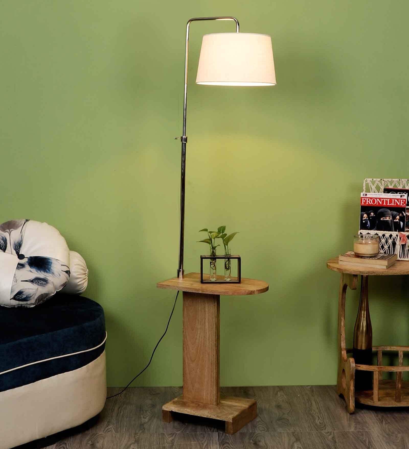 White Fabric Shade Floor Lamp With Brown & Nickel Base