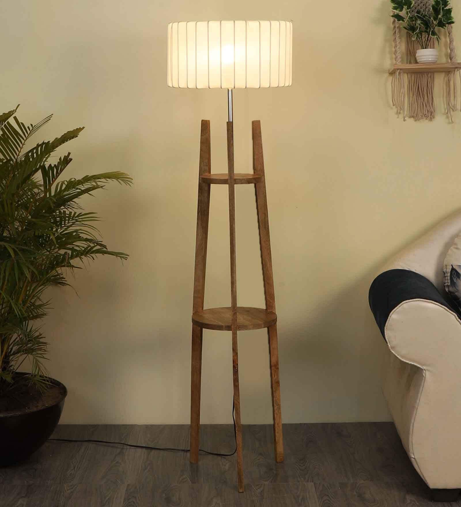 White Fabric Shade Floor Lamp With Brown Base
