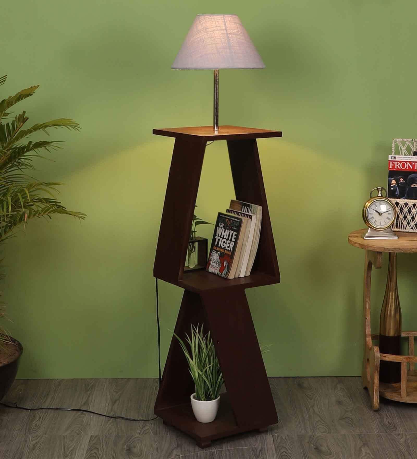 Orlando White Fabric Shade Shelf Floor Lamp With Wood Base