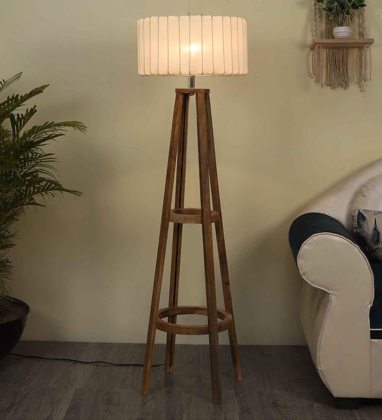 Daisy White Fabric Shade Club Floor Lamp With Wood Base