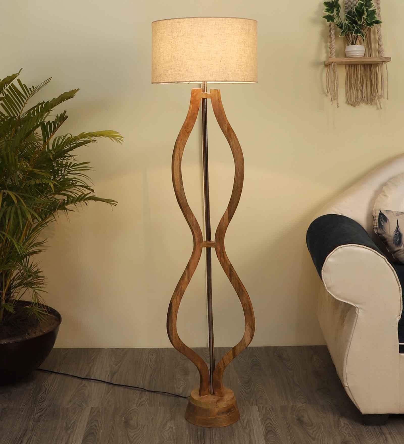 Confined White Fabric Shade Club Floor Lamp With Wood Base