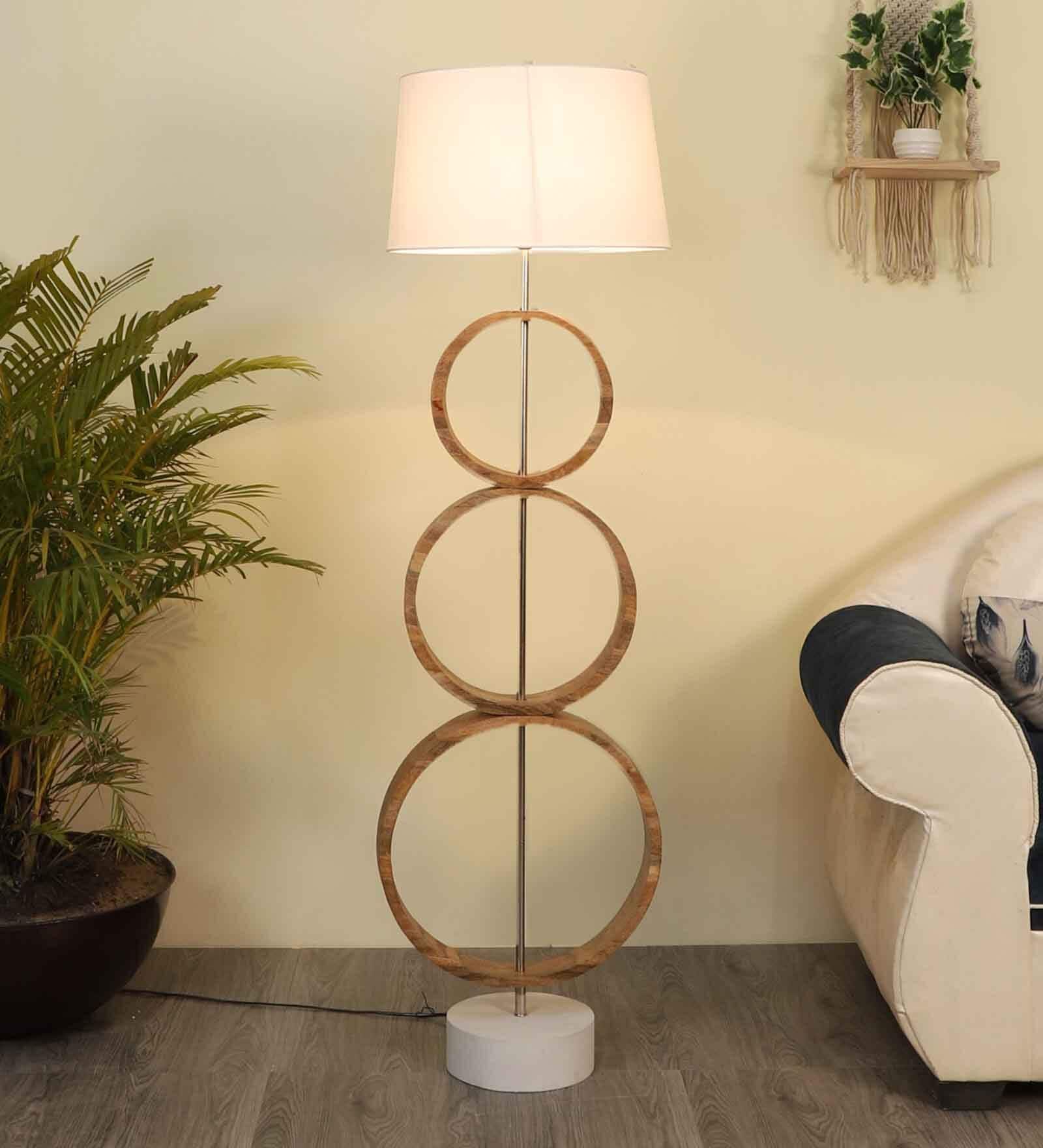 Colonial White Fabric Shade Novelty Floor Lamp With Wood Base