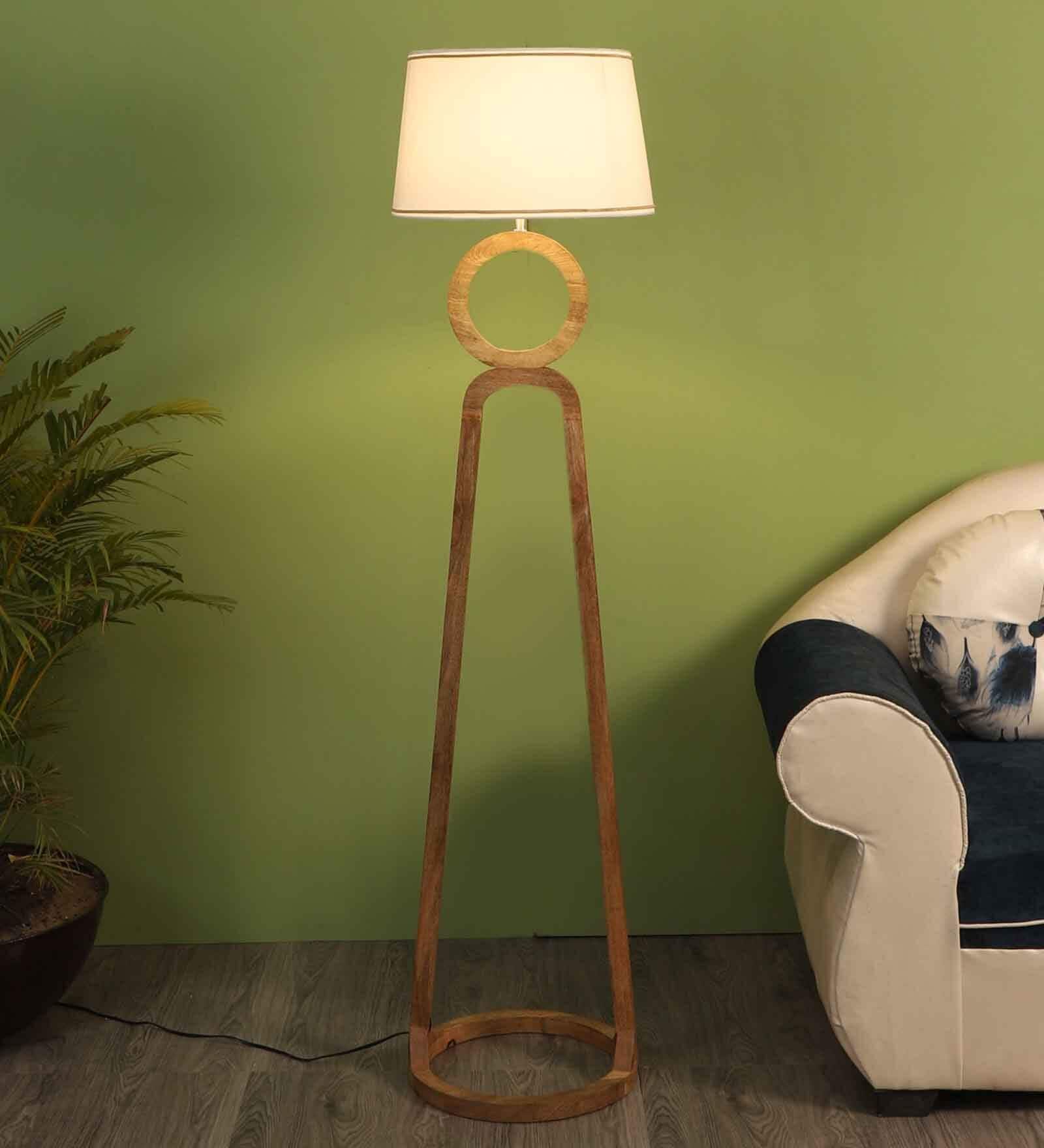 White Fabric Shade Floor Lamp With Brown Base