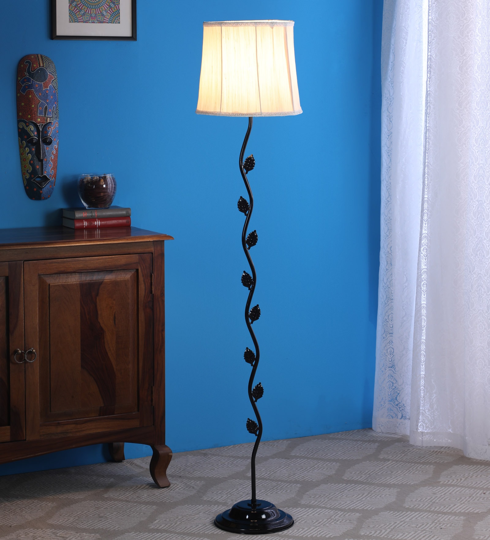 White Fabric Shade Floor Lamp with Black Base