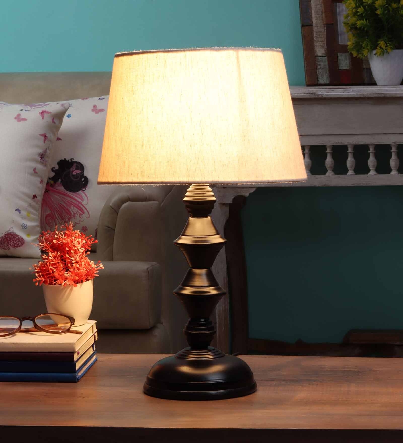 White Fabric Shade Table Lamp with Black Base