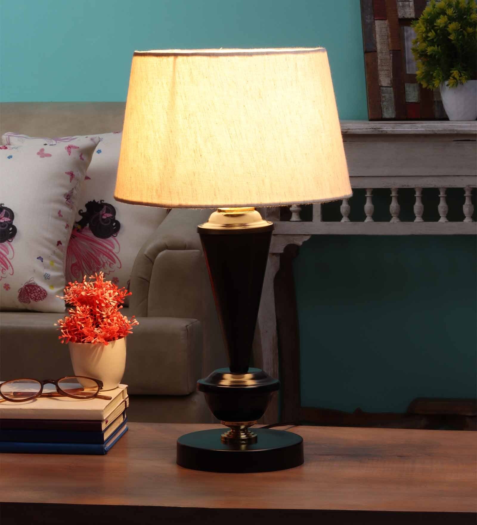 White Fabric Shade Table Lamp with Black Base