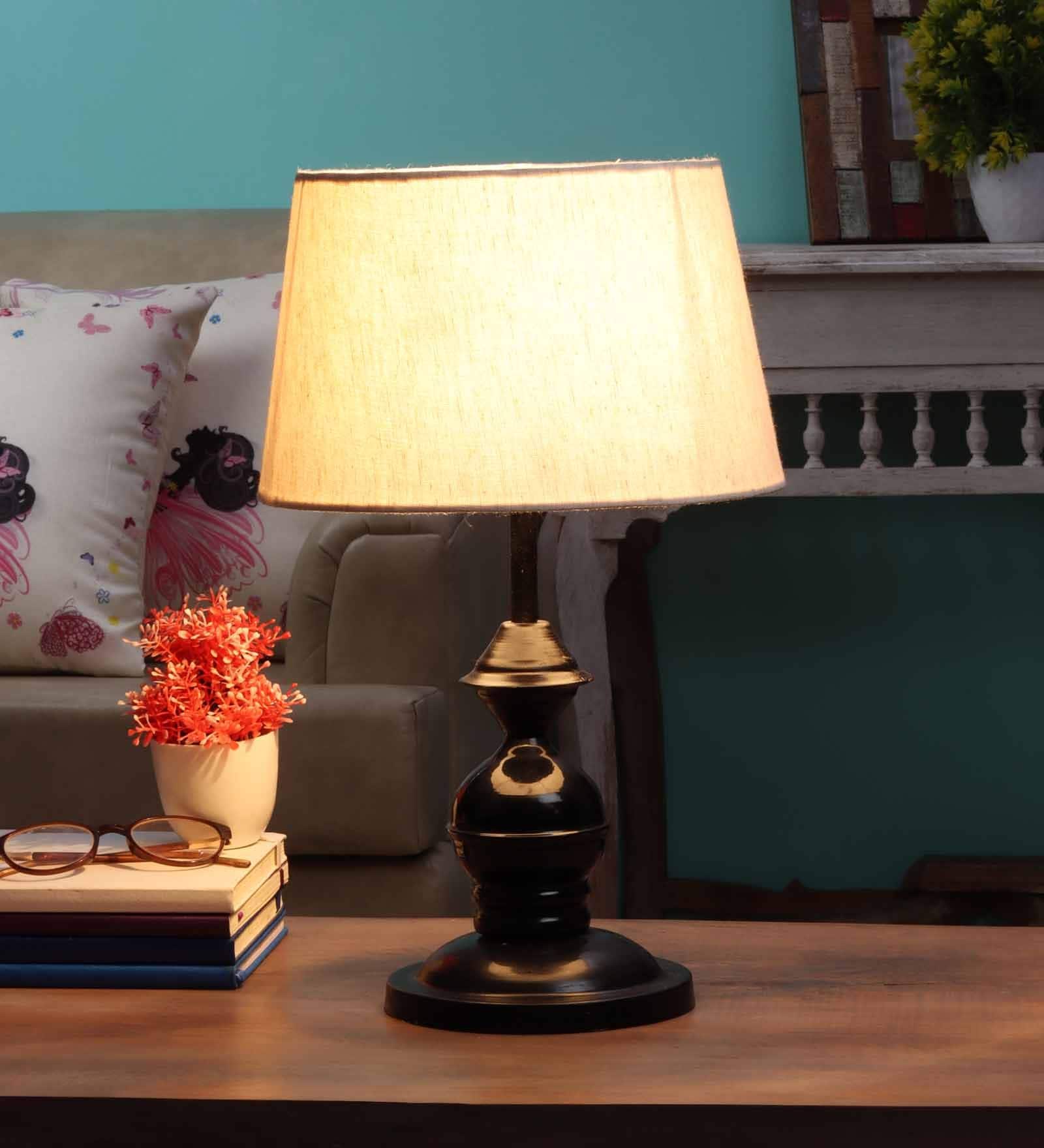 White Fabric Shade Table Lamp with Black Base