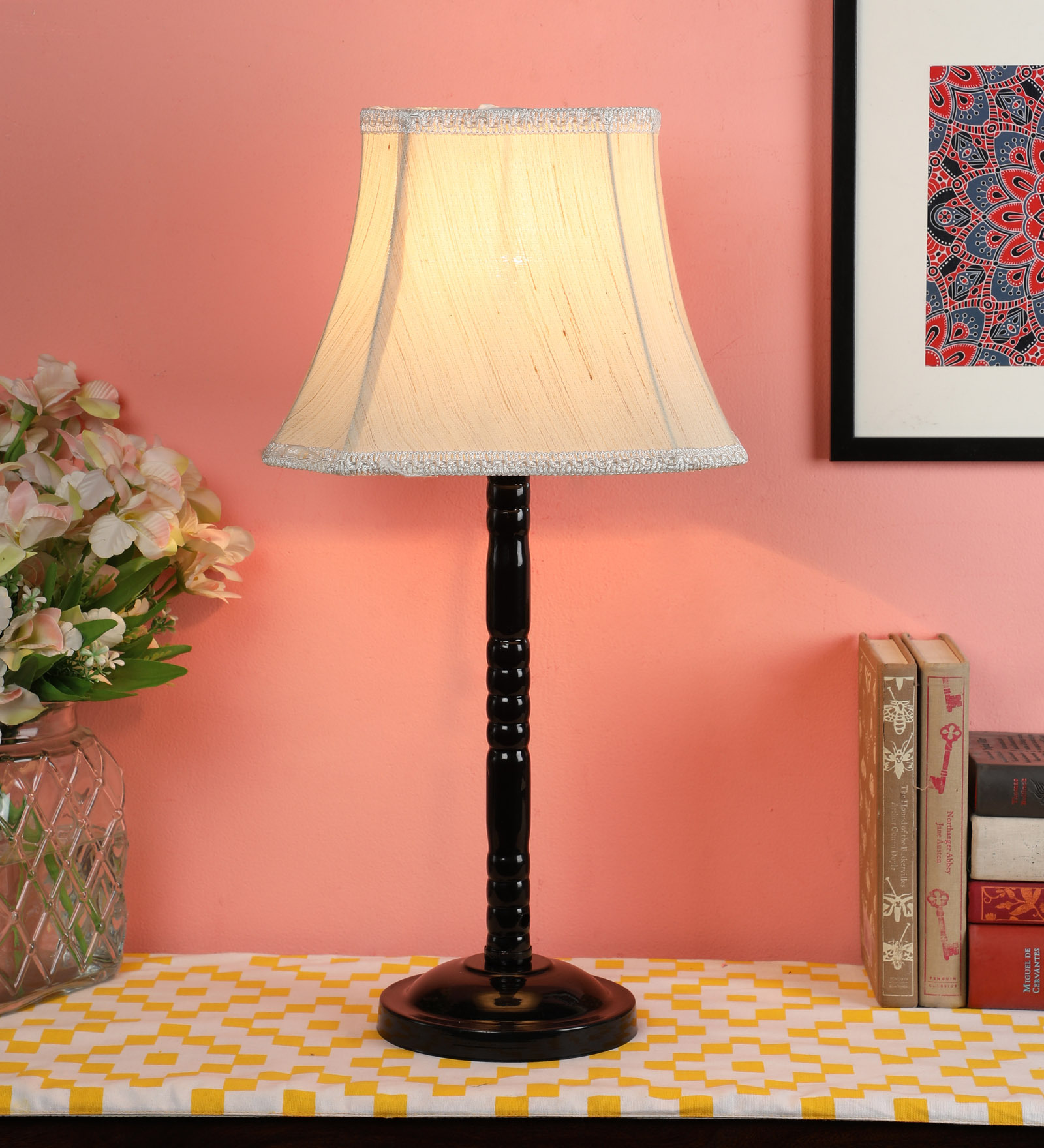 White Fabric Shade Table Lamp with Black Base