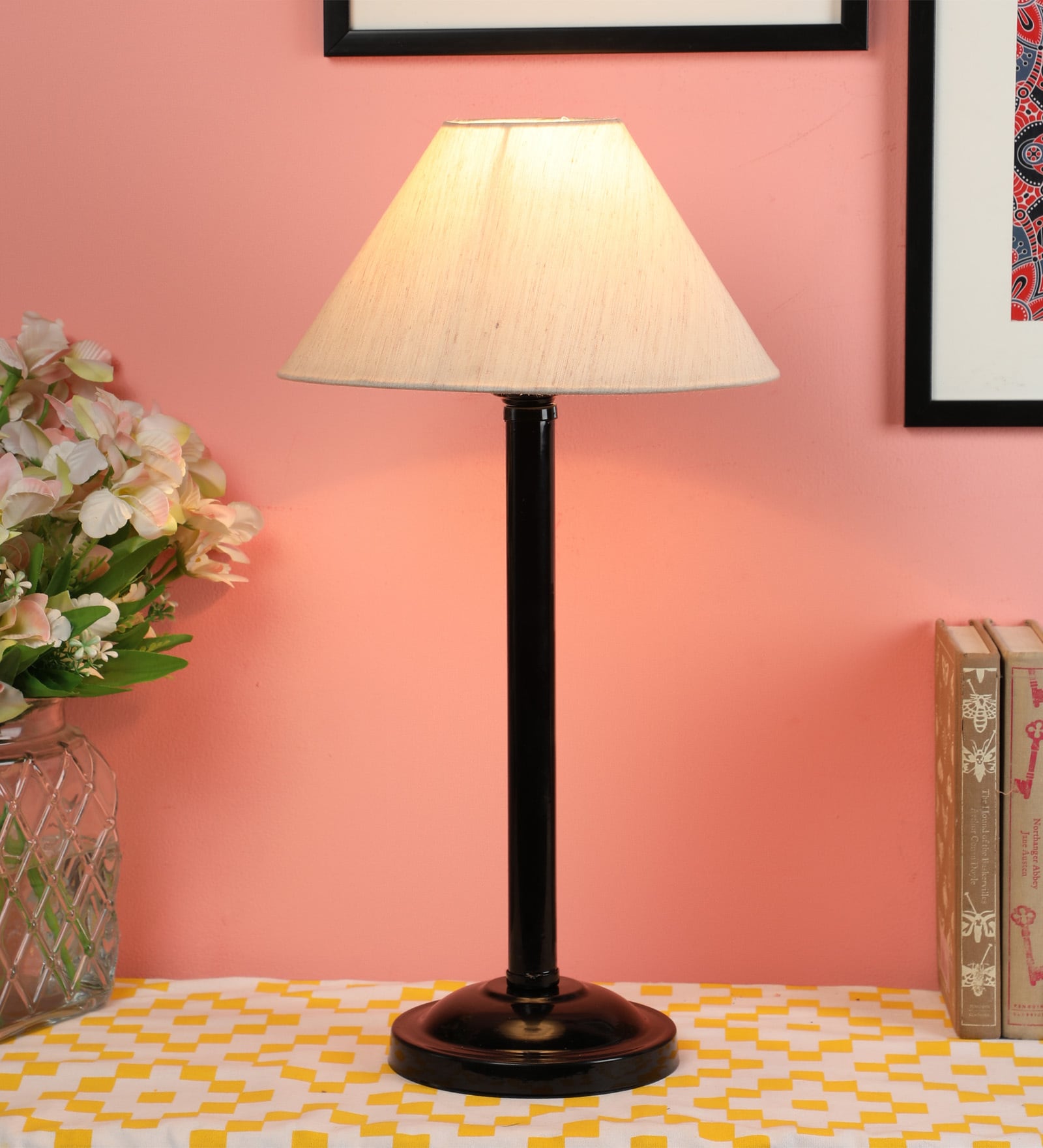 White Fabric Shade Table Lamp with Black Base
