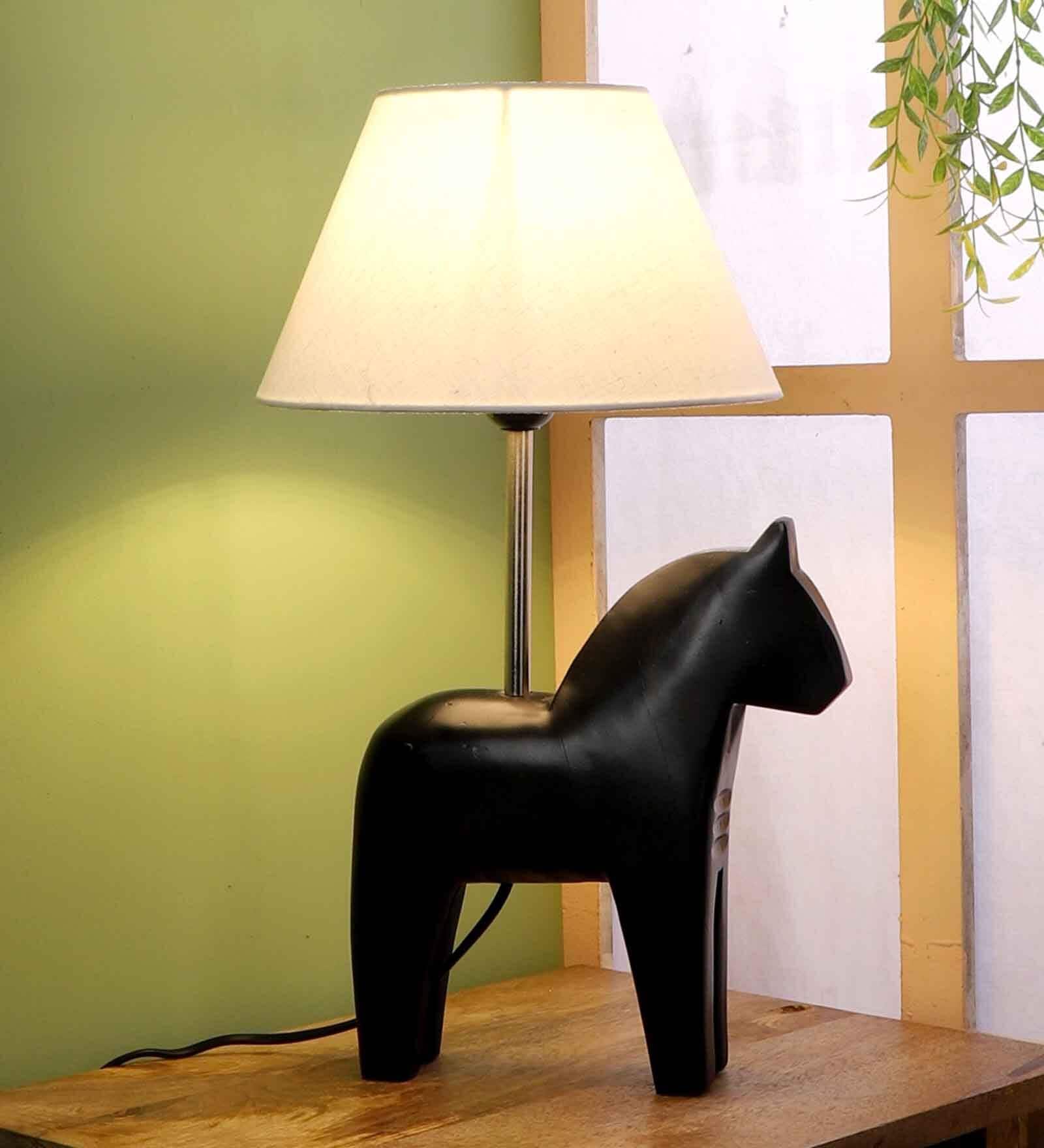 White Fabric Shade Table Lamp With Black Base