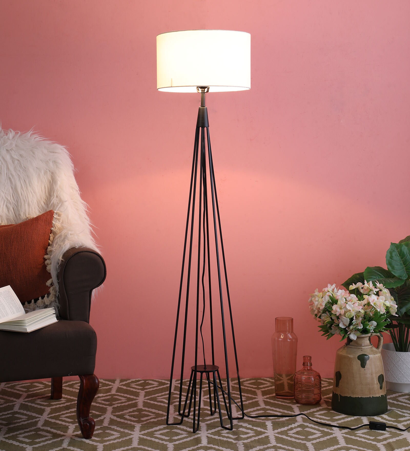 White Fabric Shade Floor Lamp with Black Metal Base