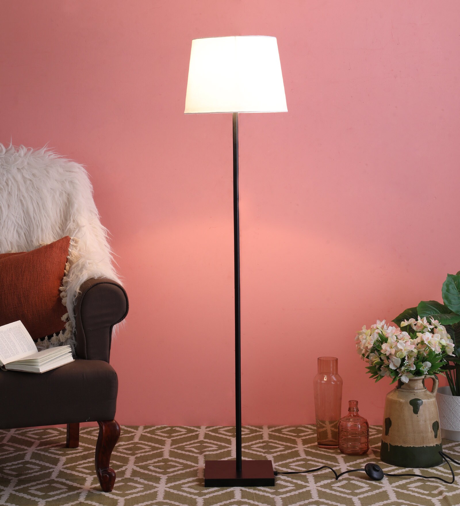 White Fabric Shade Floor Lamp with Black Metal Base