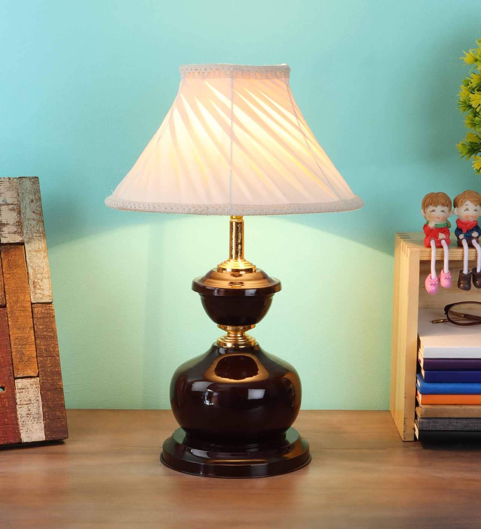 White Fabric Shade Table Lamp With Brown Base