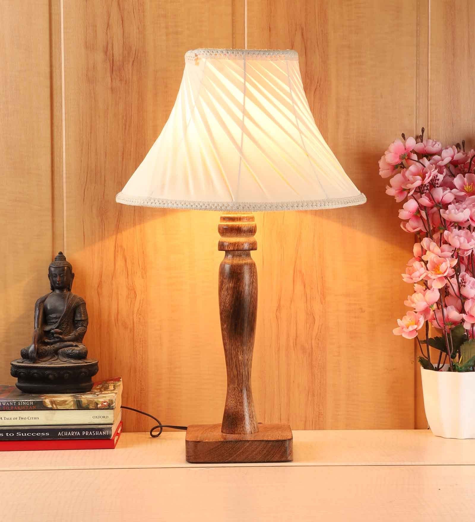 Comyo White Fabric Shade Night Lamp With Mango wood Base