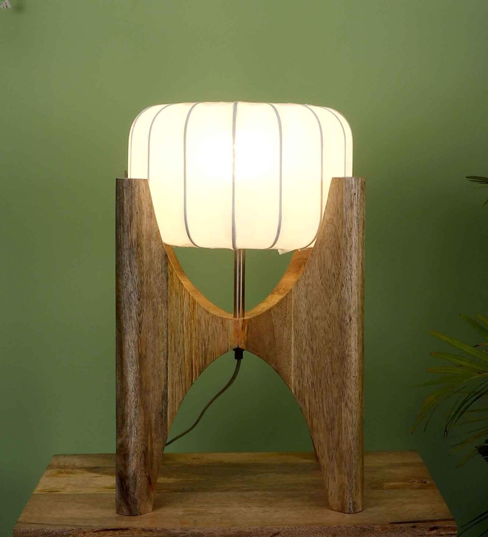 White Fabric Shade Table Lamp With Brown Base