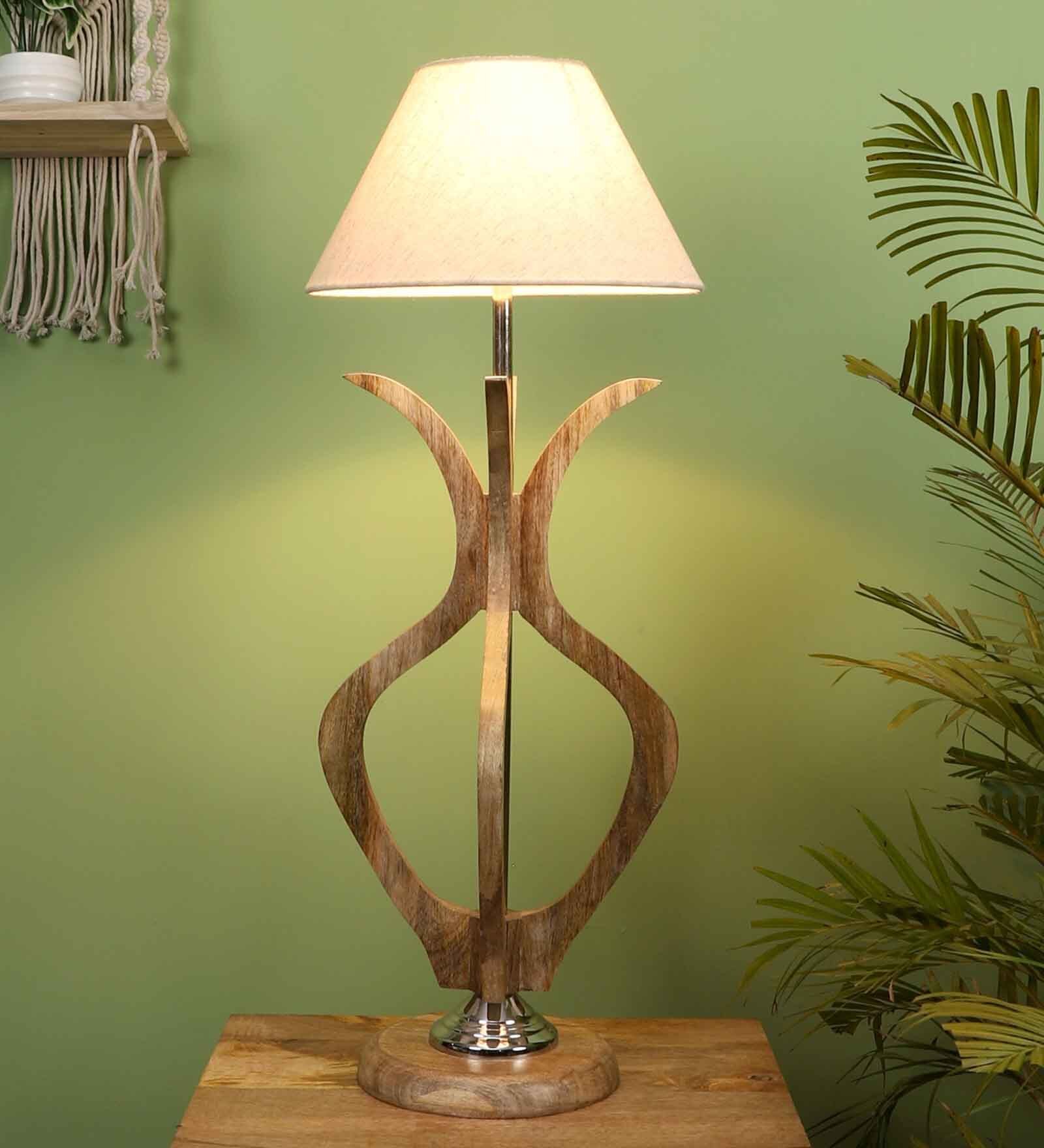 White Fabric Shade Table Lamp With Brown Base