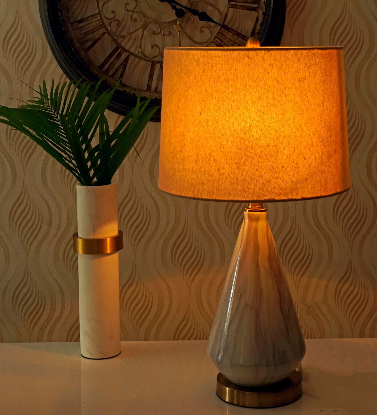 Buy White Fabric Shade Table Lamp with Gold Base by Hermosa Casa at 7