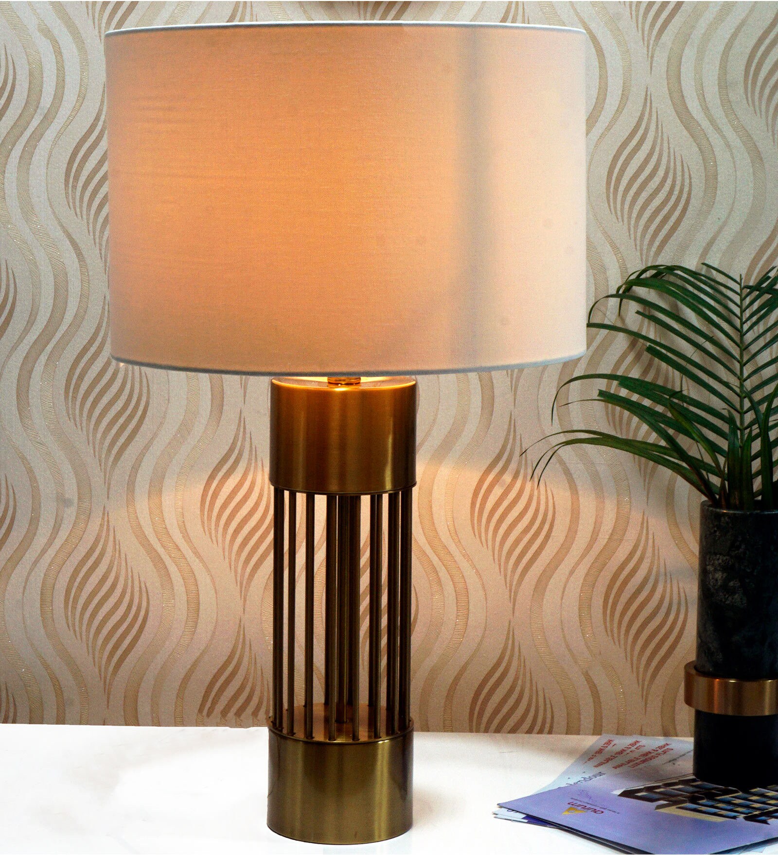 Buy White Fabric Shade Table Lamp with Gold Base by Hermosa Casa at 16
