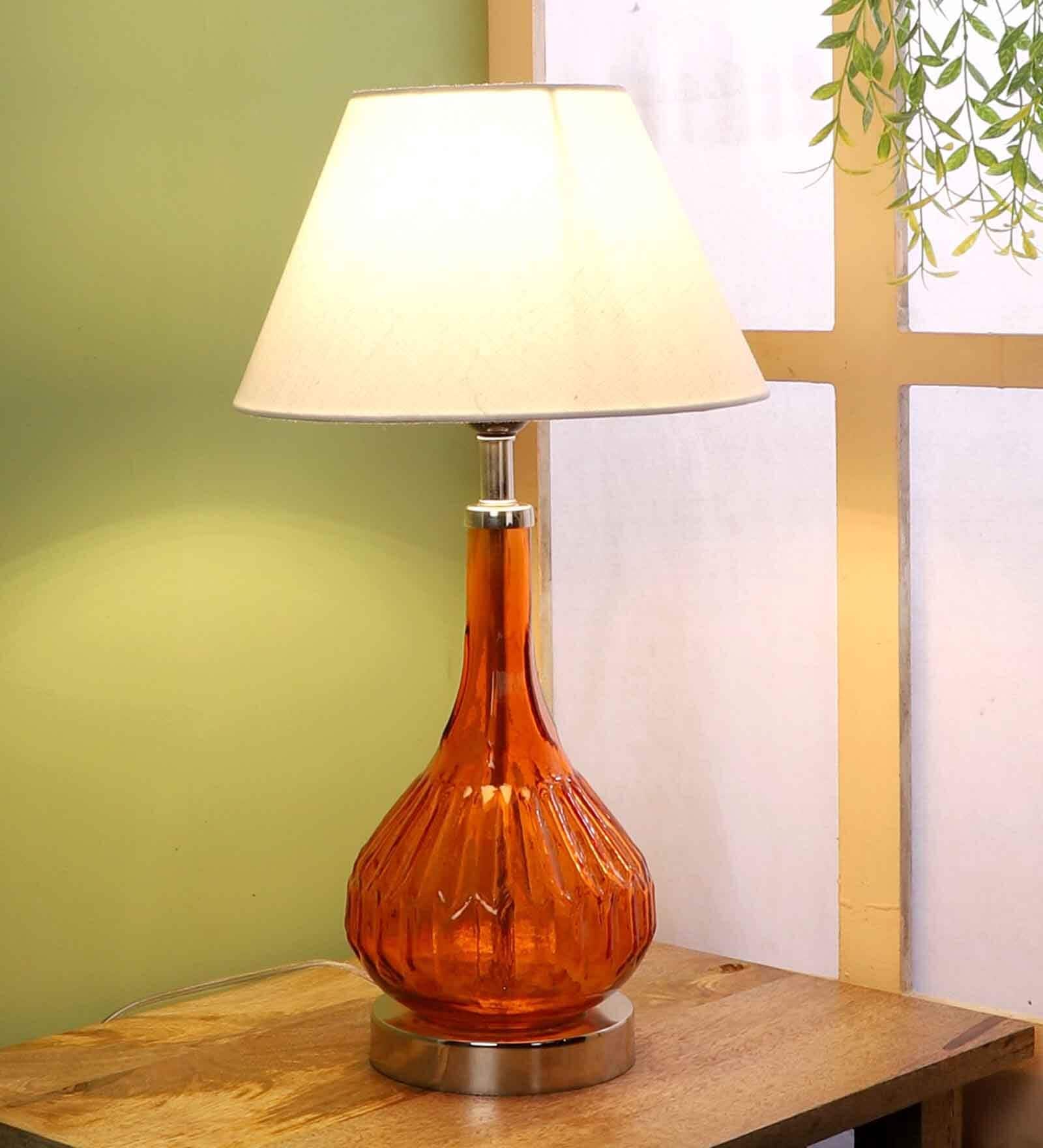 White Fabric Shade Table Lamp With Orange Base