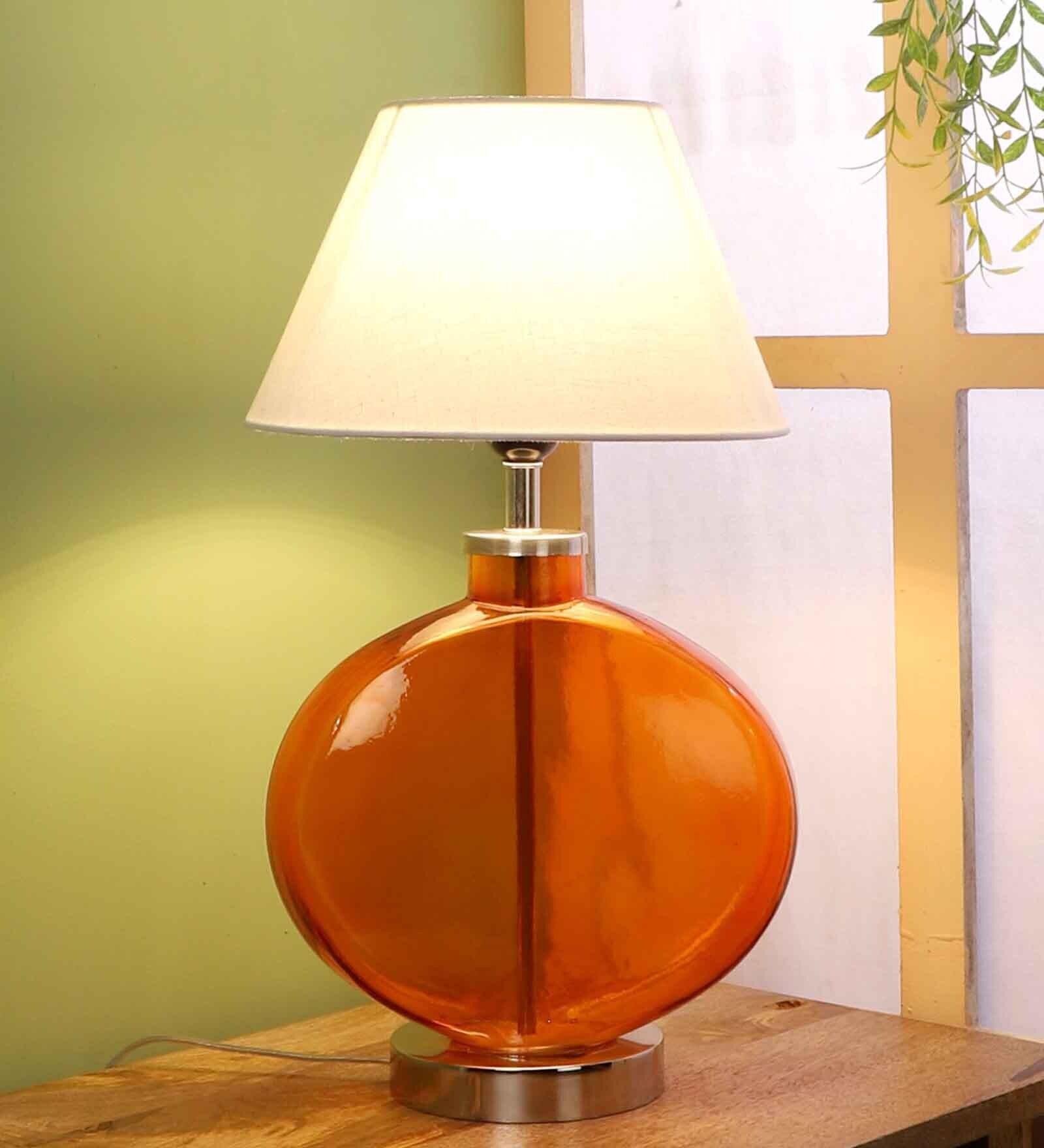White Fabric Shade Table Lamp With Orange Base