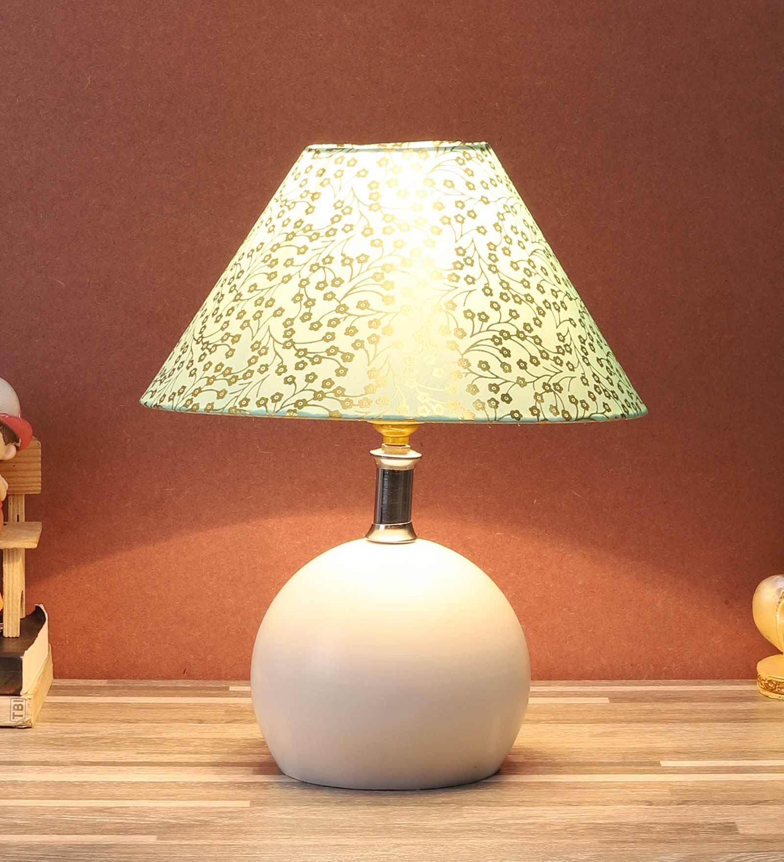 White Fabric Shade Table Lamp With White Base