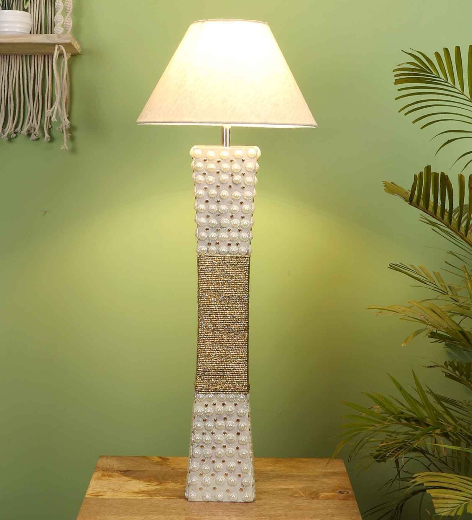 White Fabric Shade Table Lamp With White Base