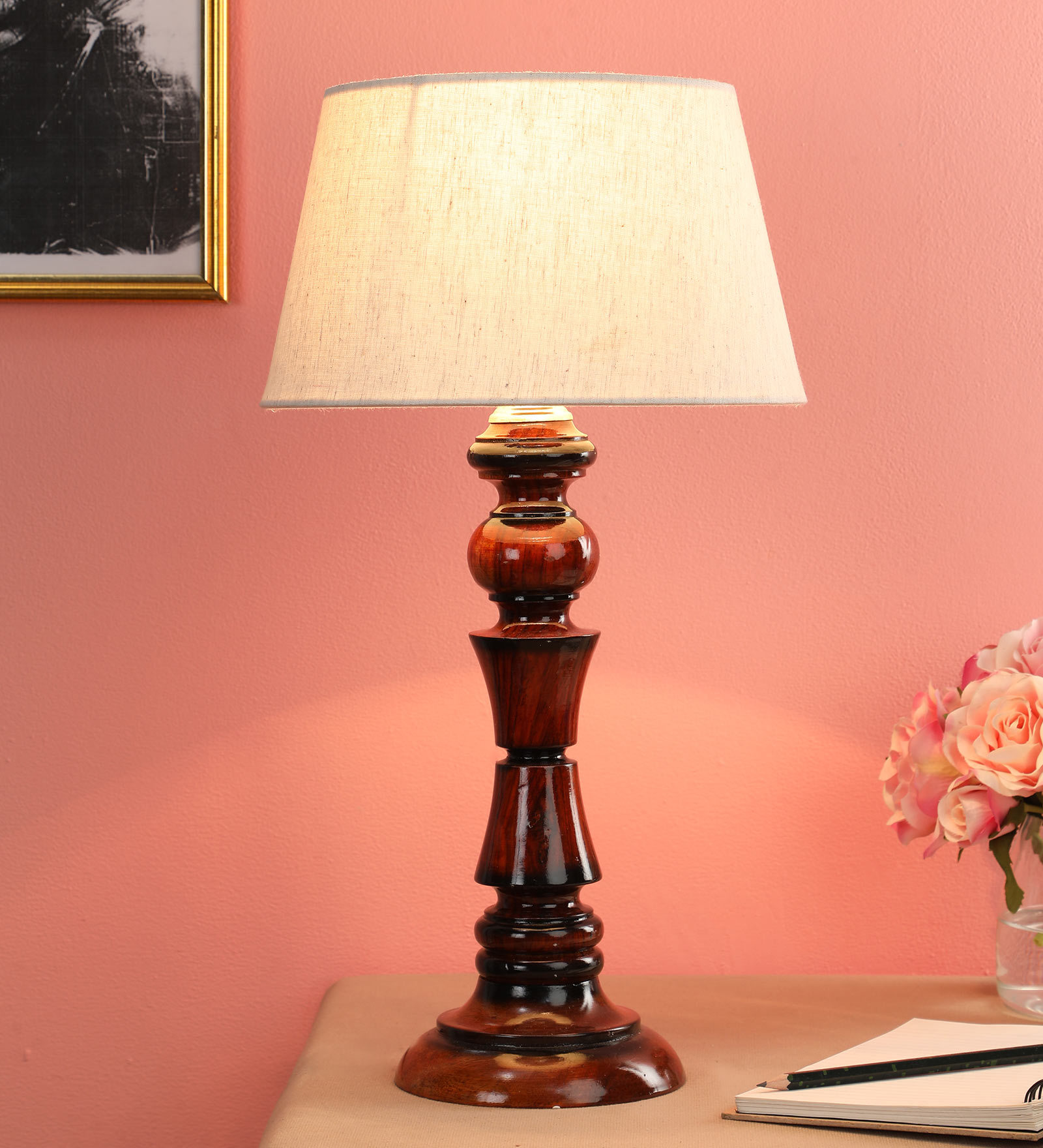 White Fabric Shade Table Lamp With Brown Base