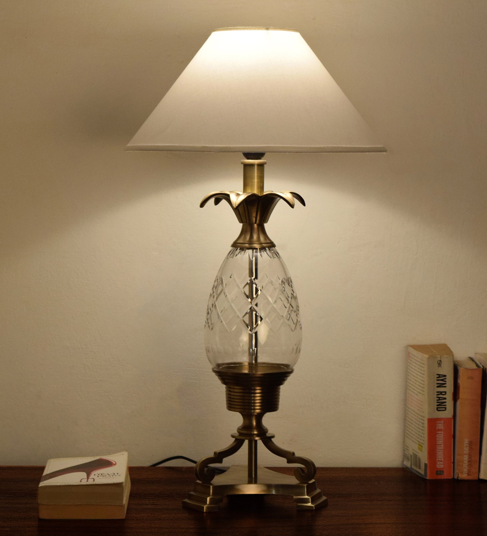 White Fabric Shade Table Lamp With Brown Base