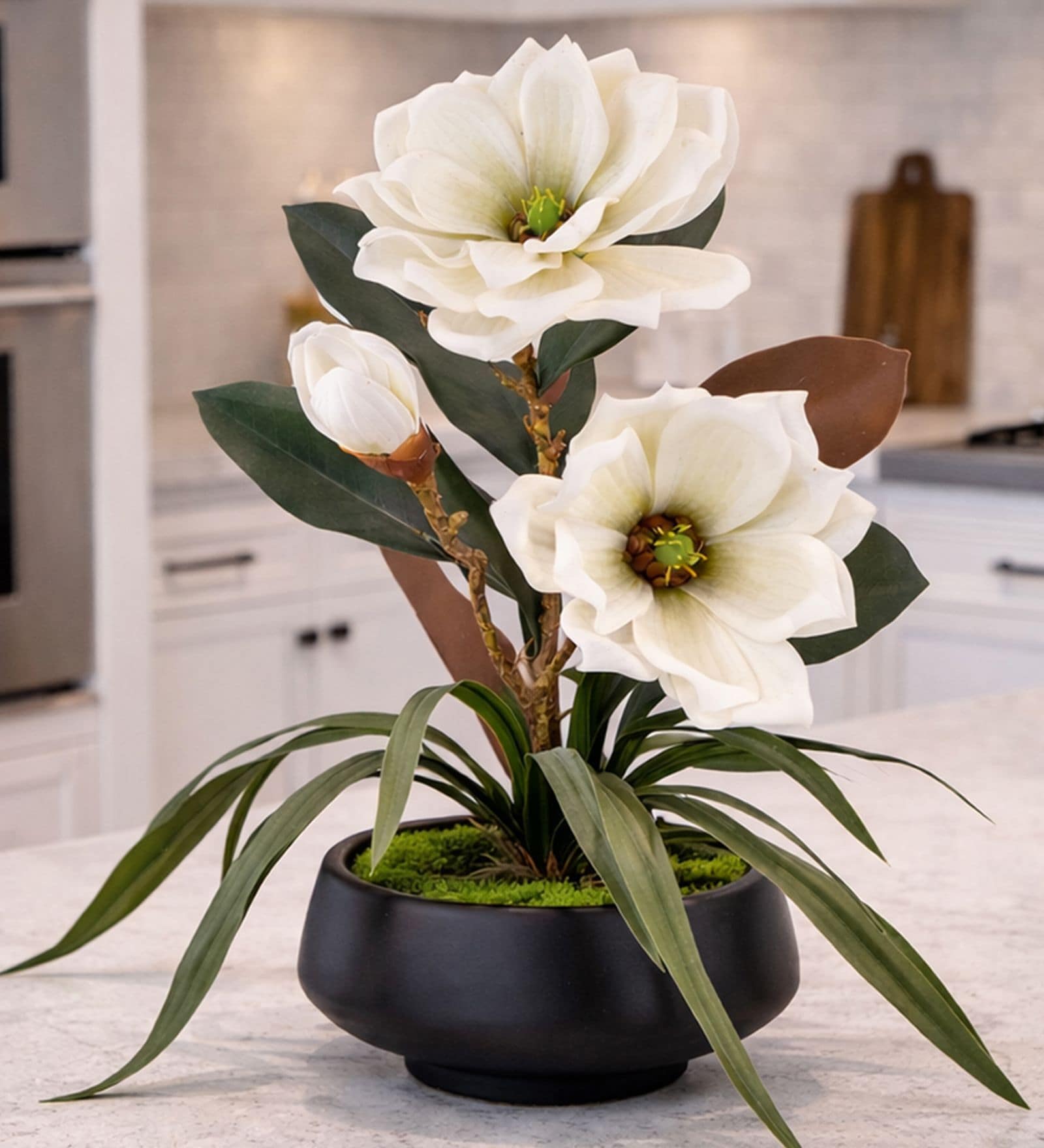 White Faux Leather Magnolia Serenade Arrangement Pot With Flower